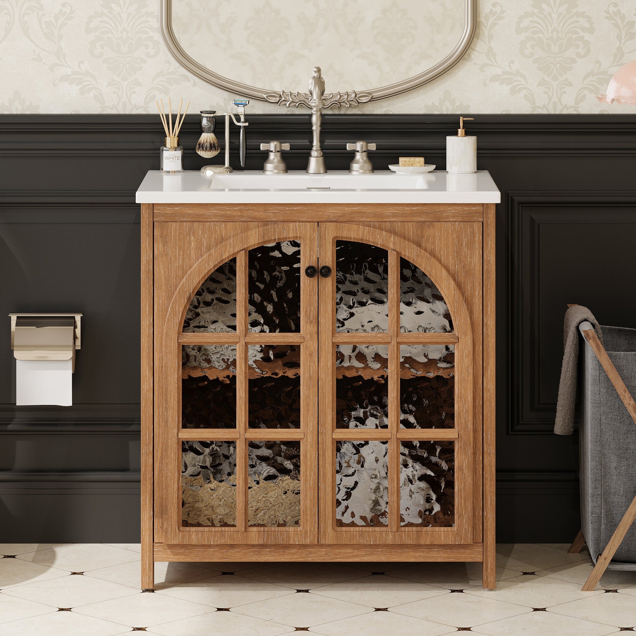 31' Farmhouse Bathroom Vanity with Ceramic Sink, Vintage Rustic Bathroom Cabinet with Bronze Pulls and 2 Soft-Closing Doors, Antique Natural