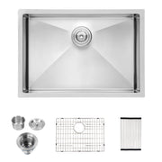 Brushed Nickel 27 Inch Undermount Stainless Steel Kitchen Sink 16 Gauge 10 Inch Deep Single Bowl