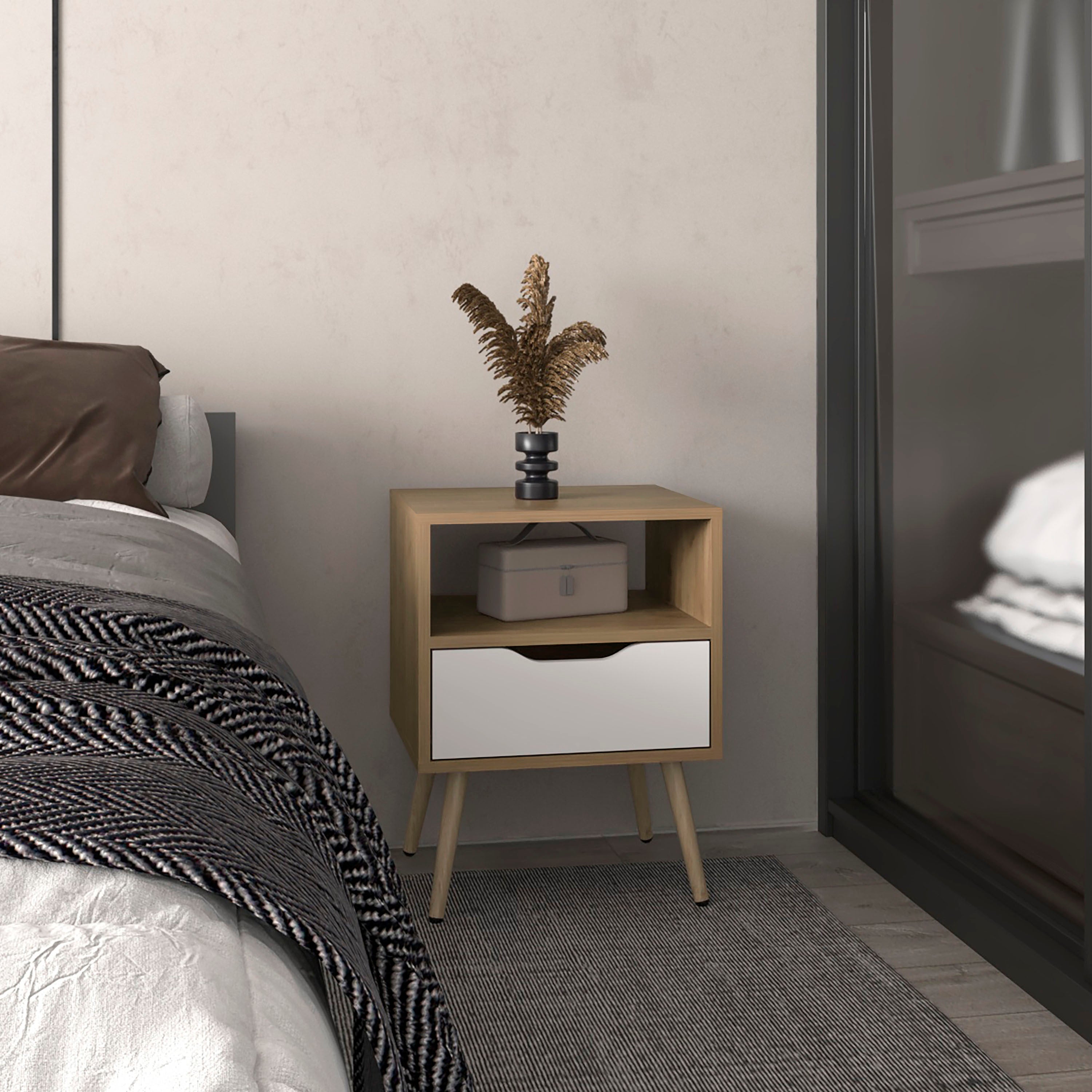 Wenden 21' High Nightstand, One Drawer, One Open Shelf, Natural Oak, White
