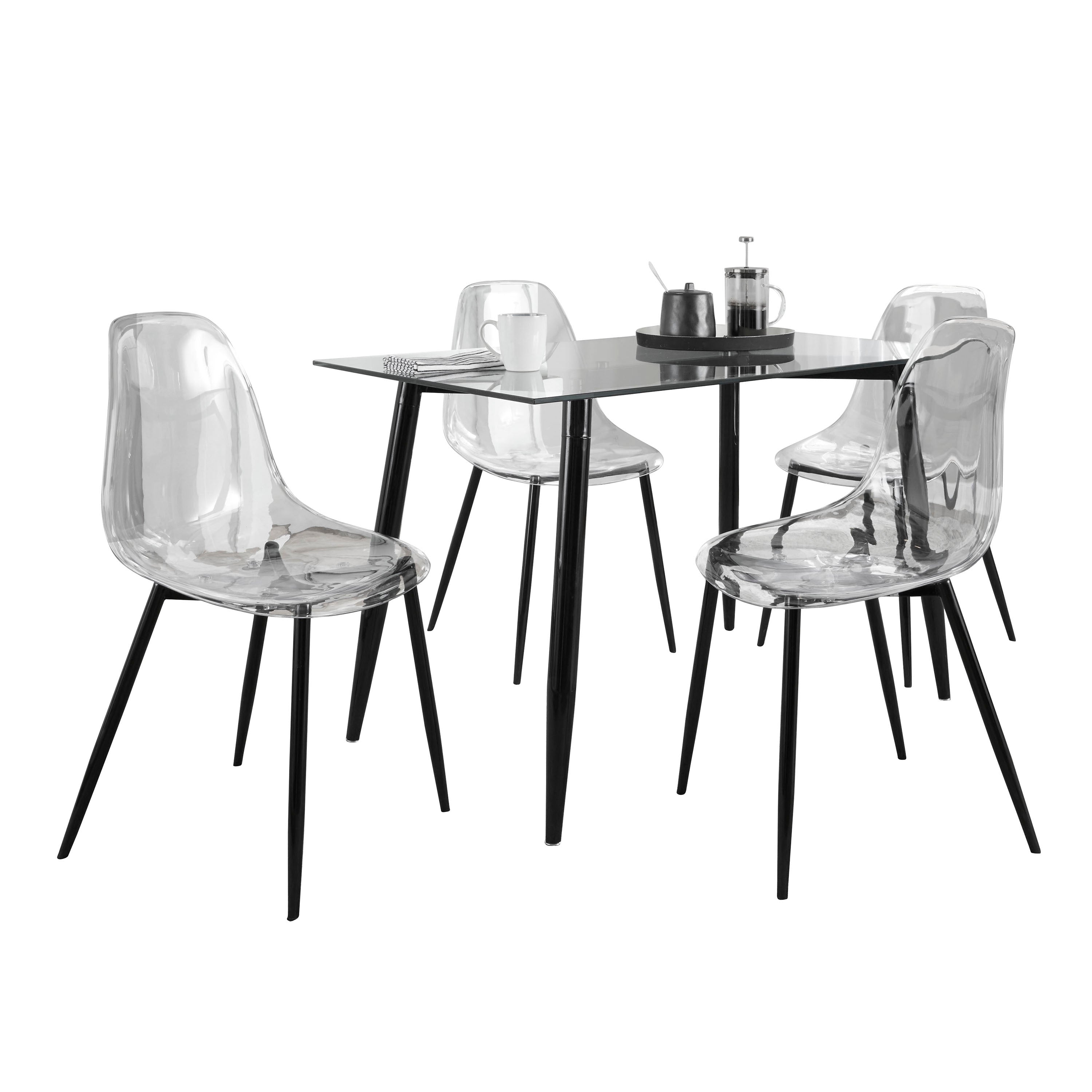 Clara Contemporary Dining Set in Black Metal, Clear Glass Tabletop and Clear Acrylic by LumiSource - 5 Piece