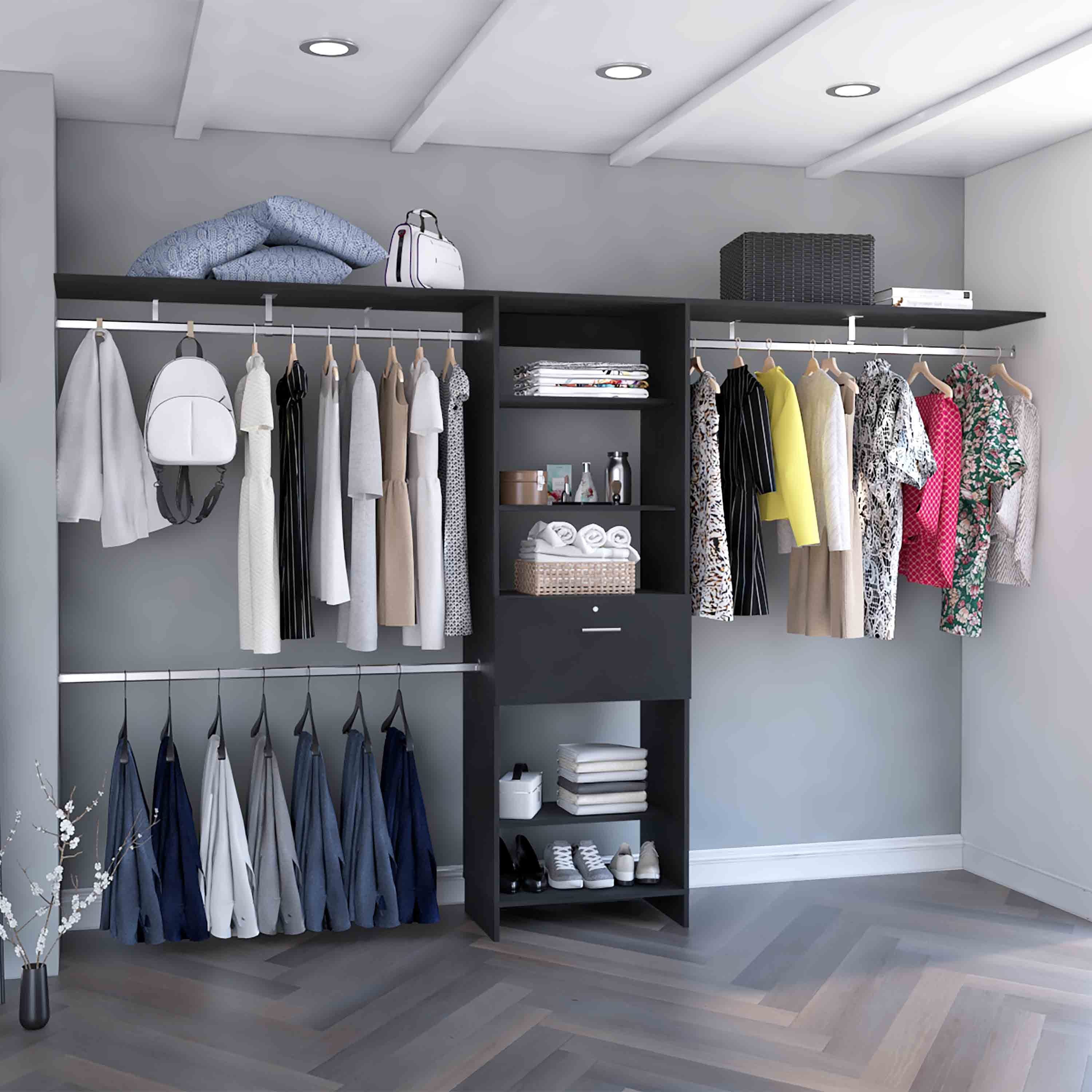Plego 70'W - 118'W Drawers Closet System, One Drawer,Three Hanging Rods, Five Shelves -Black