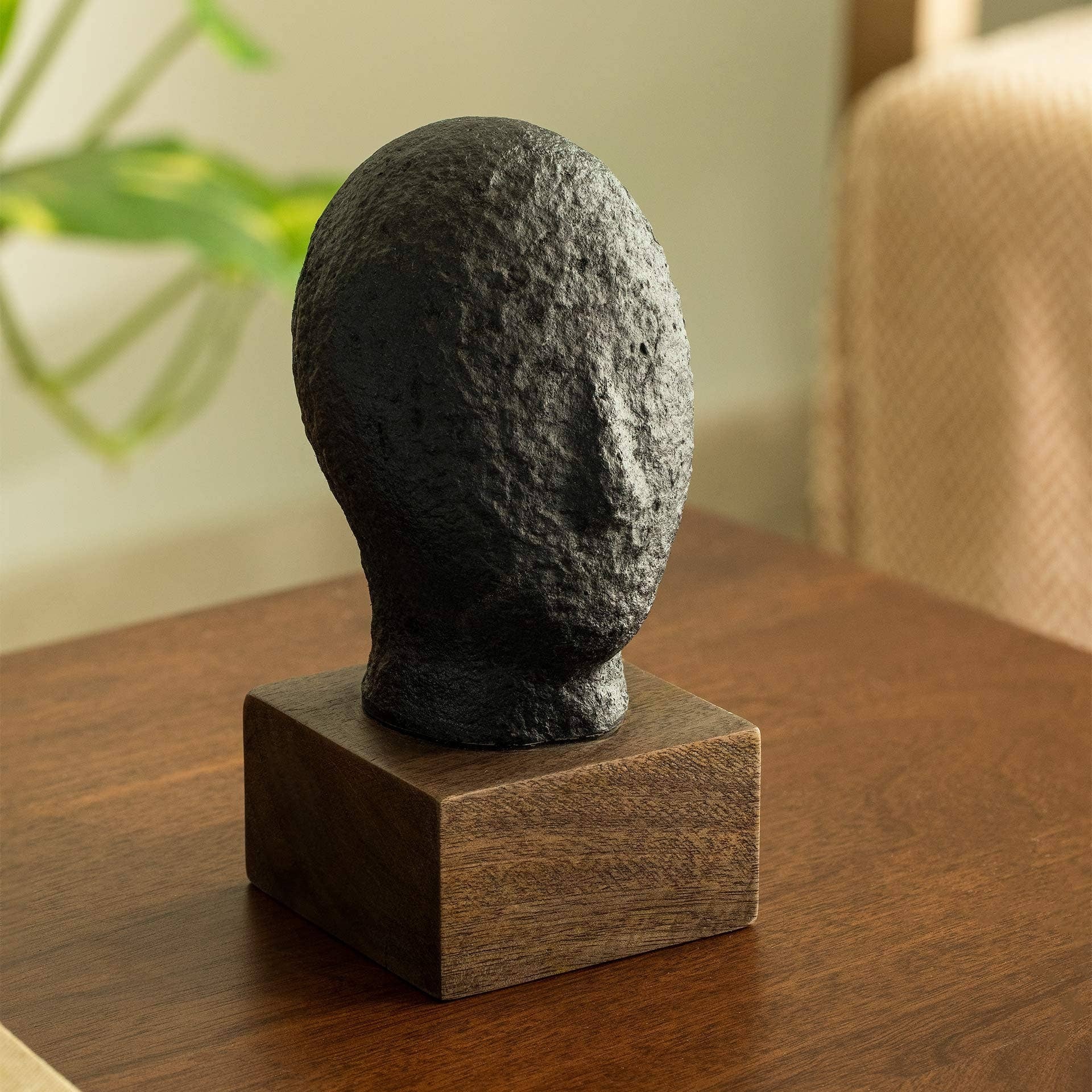 Calm face Handmade Eco mix sculpture In Black color   Decorative Object, 3.9X3.5X7.4'