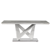 Contemporary Caroline Grey Dining Table with Marble-Like Top and Silver Finish in Wood, Metal, and Glass