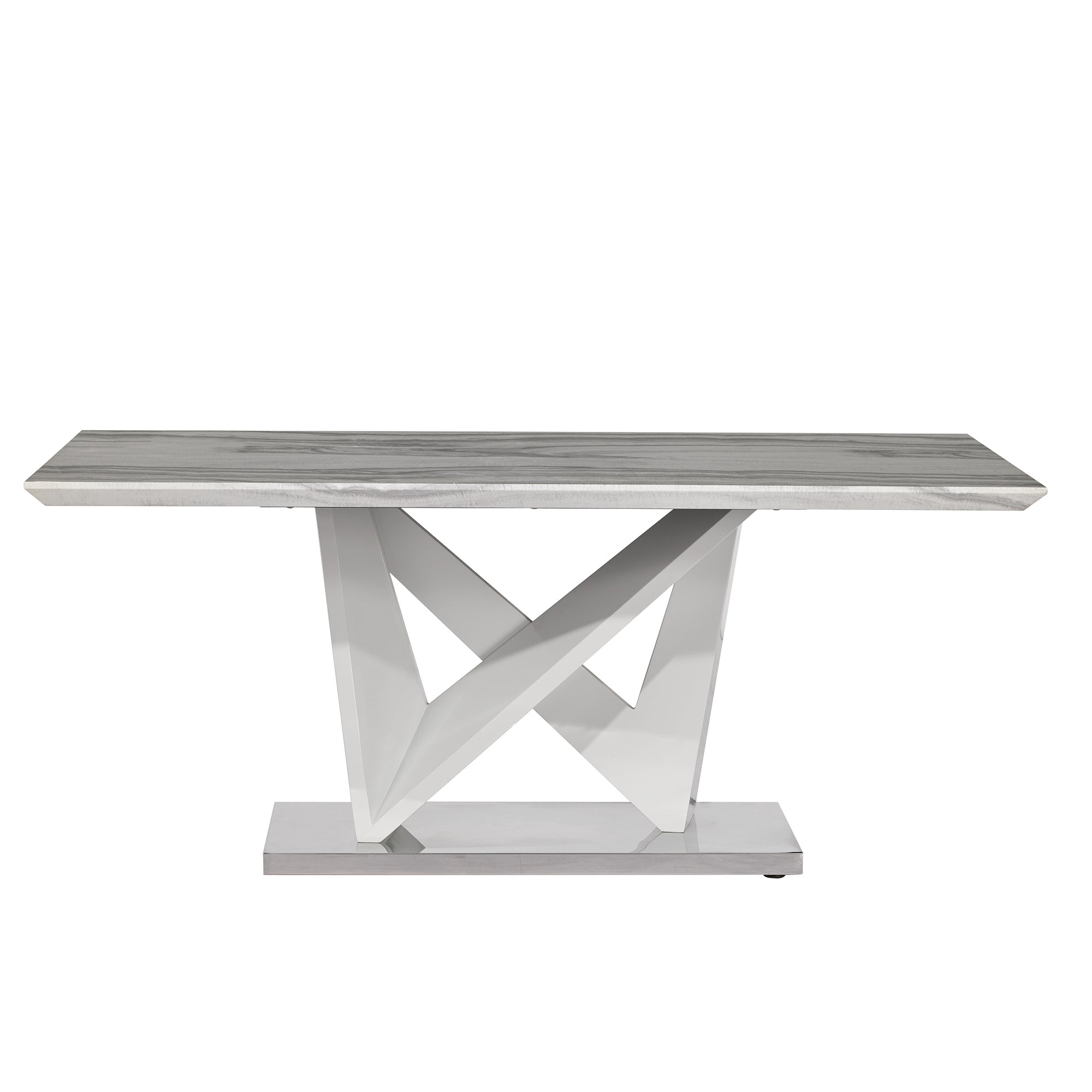 Contemporary Caroline Grey Dining Table with Marble-Like Top and Silver Finish in Wood, Metal, and Glass