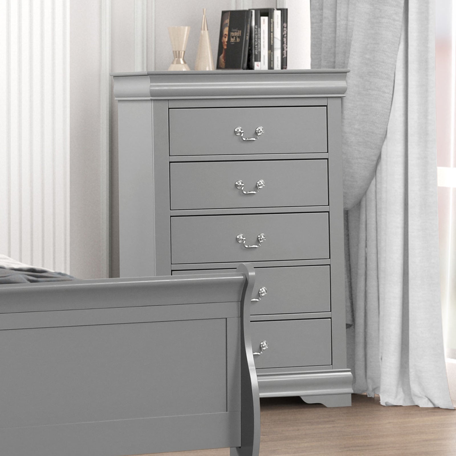 1pc Chest Transitional Style Bracket Legs Hanging Drawers Pull English Dovetail Drawers Dust Proof Case Gray Finish Bedroom Furniture