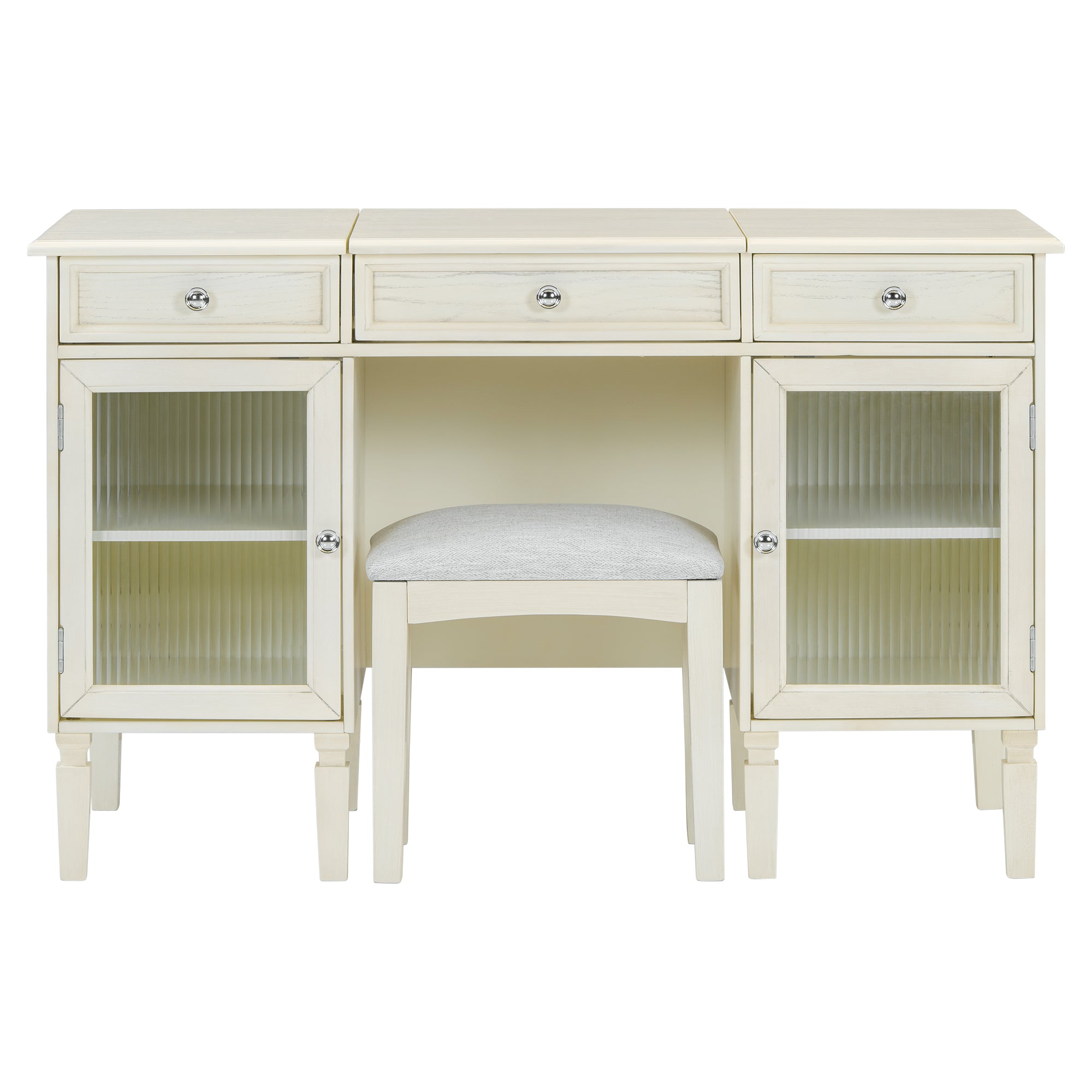 Multi-Functional 2-in-1 Vanity Desk with Flip-Top Mirror, White Oak, MDF Material, 46.5-Inch