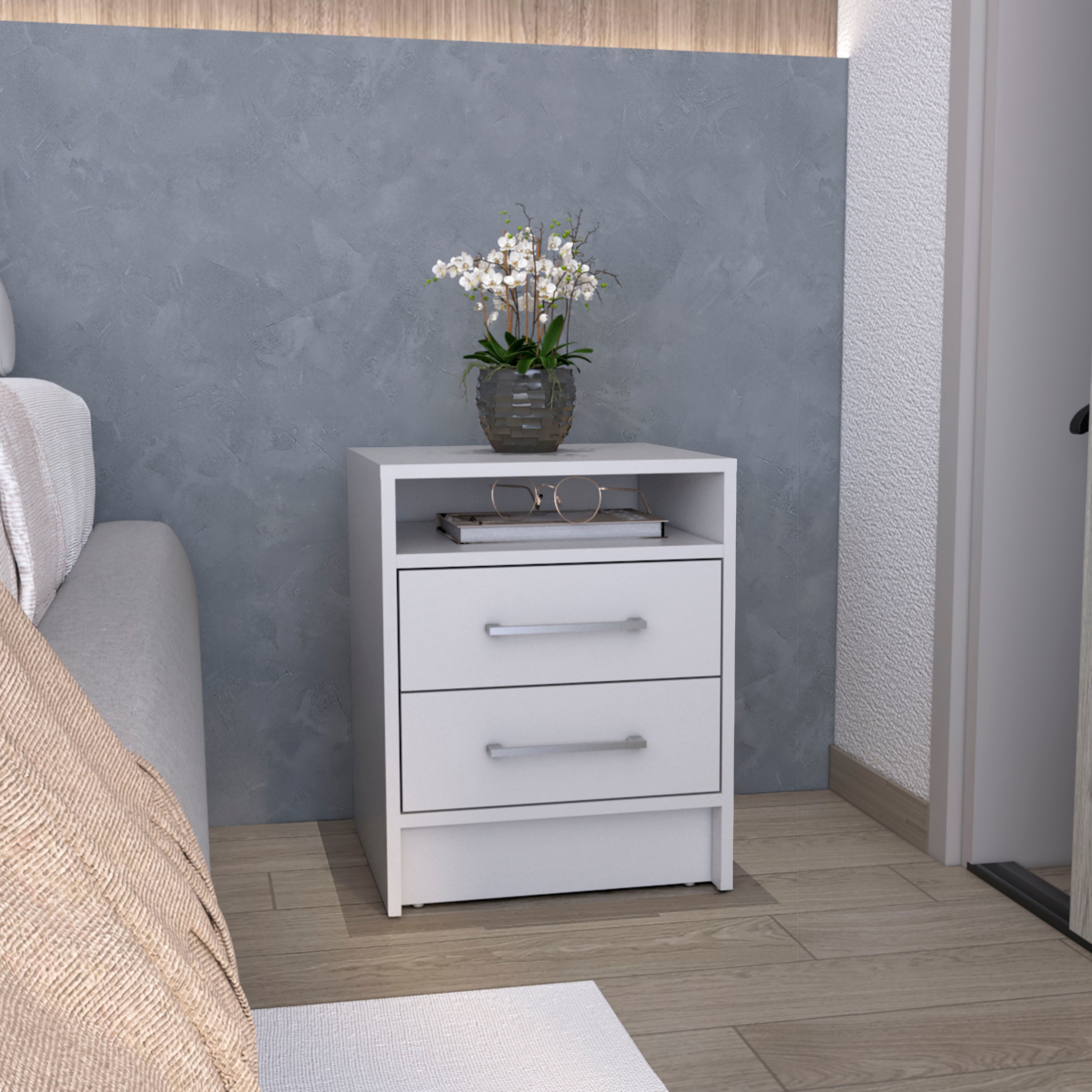 Nightstand 23.6' H, with 2 Drawers and 1 Shelf, White
