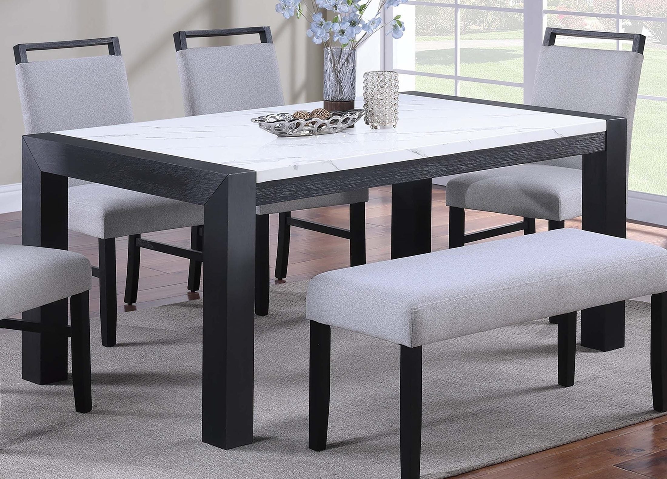 Elegant White Faux Marble Top 1pc Table Charcoal Legs Wooden Dining Table Modern Sleek Two-Tone Dining Table
