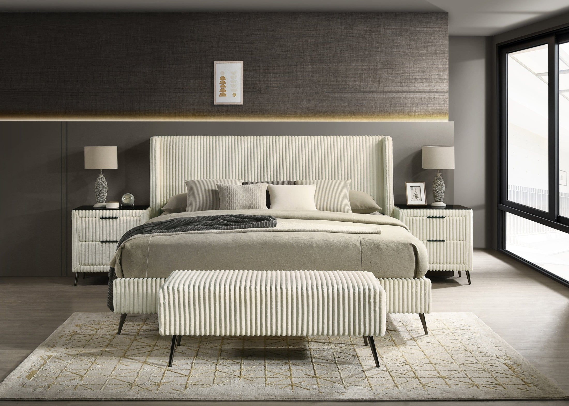 Mavela Wide Wale Corduroy Upholstery Panel King Bed with 2 Nightstands and Bench, Cream