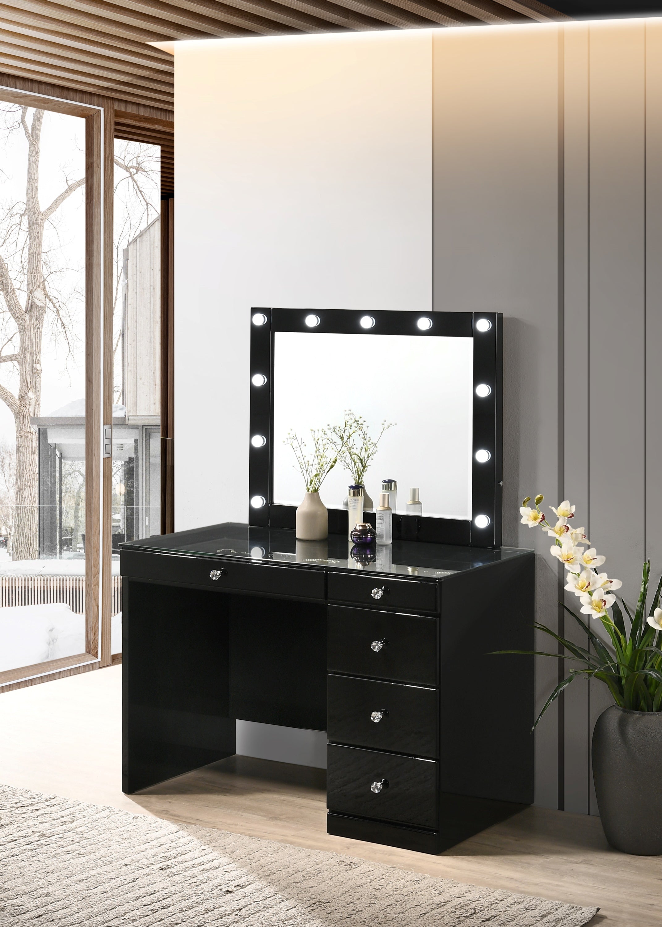 2pc Black Makeup Vanity Set LED Lighted Mirror Glass Top 5 Drawers Crystal Knobs Wooden Bedroom Furniture Black