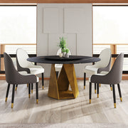 59.05' Round Marble Dining Table with Bronze Iron Metal Base, Artificial Marble for 6-8 People, 31.5'Black Artificial Stone Turntable,Black (Dining Table Only)