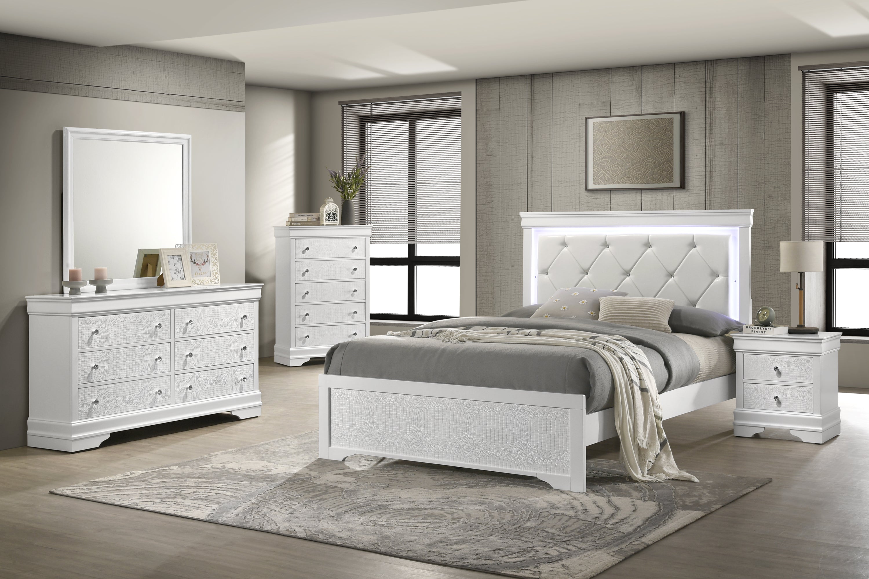 Blaze Upholstered Modern Style 5 Pc Queen Bedroom Set with LED Headboard Made with Wood in White(CA WAREHOUSE)