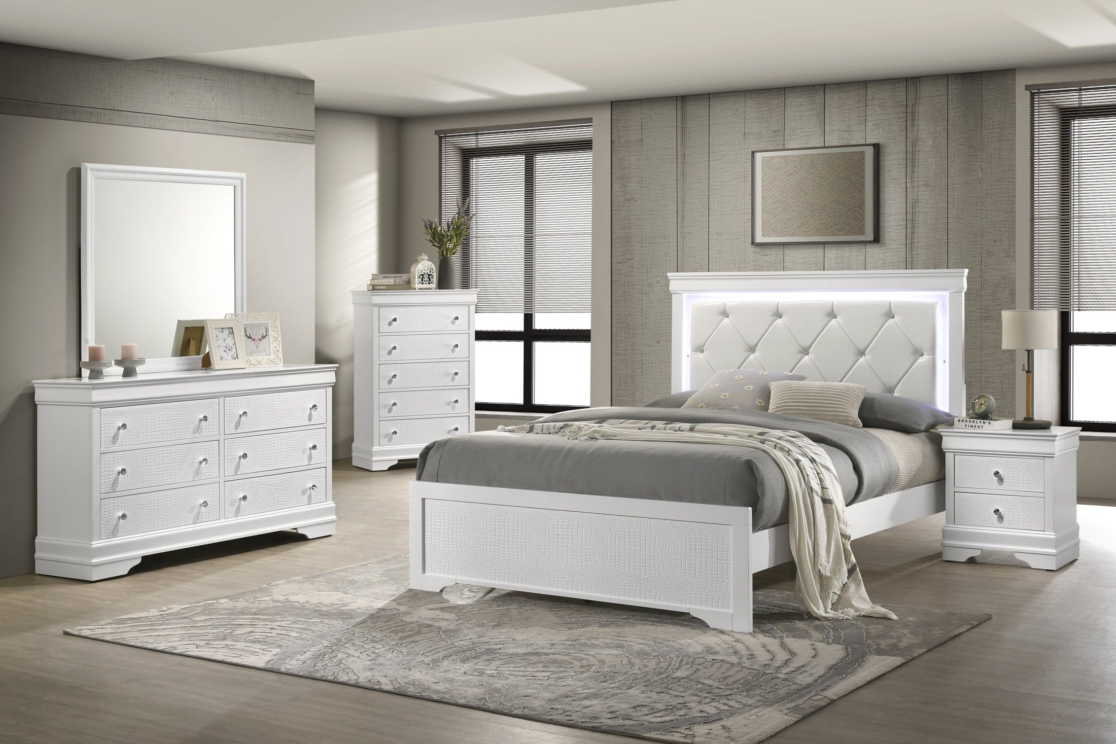 Blaze Upholstered Modern Style 5 Pc Full Bedroom Set with LED Headboard Made with Wood in White(CA WAREHOUSE)