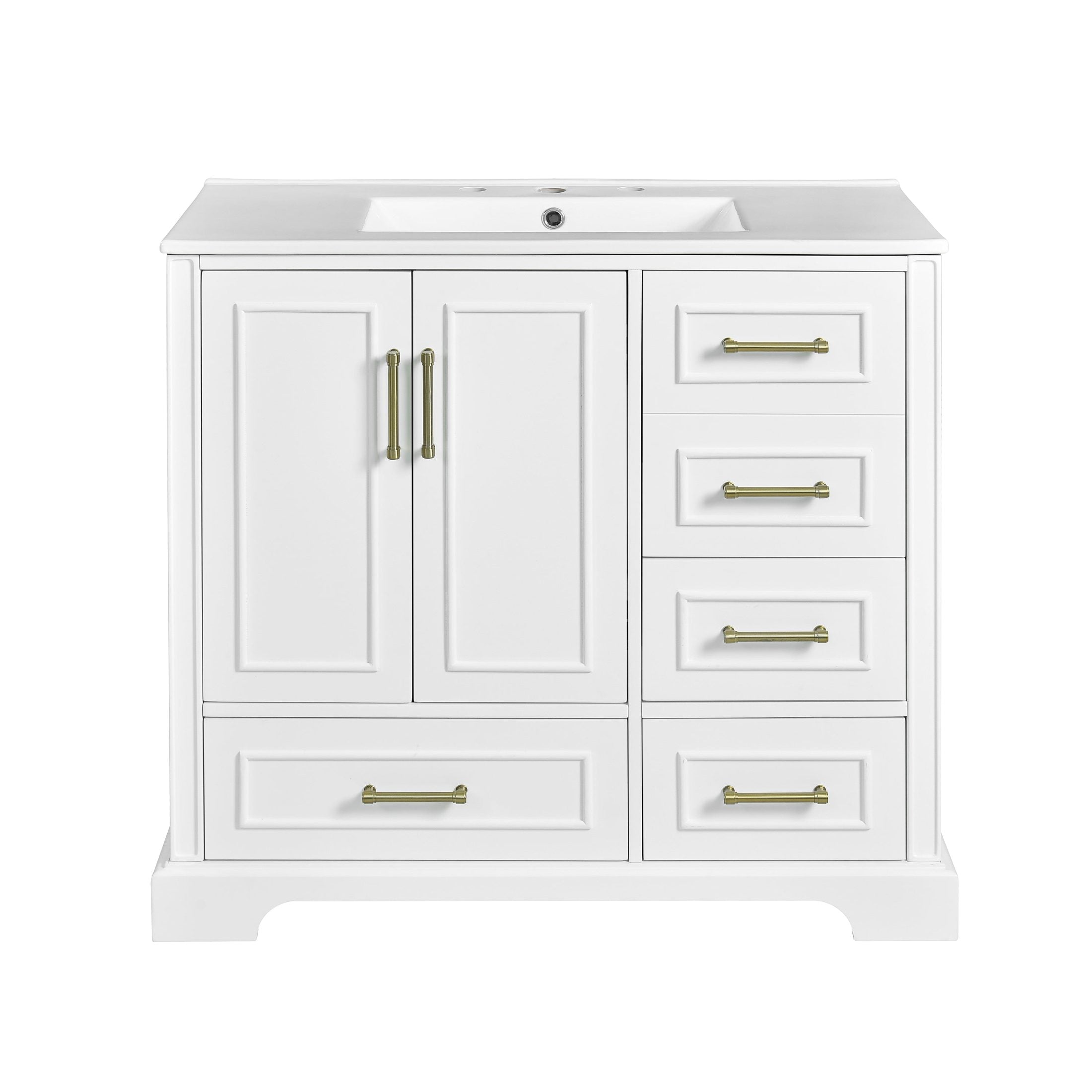 Traditional 36 Inch Bathroom Vanity Cabinet with Ceramic Sink, White with Soft Close Doors and Four Drawers