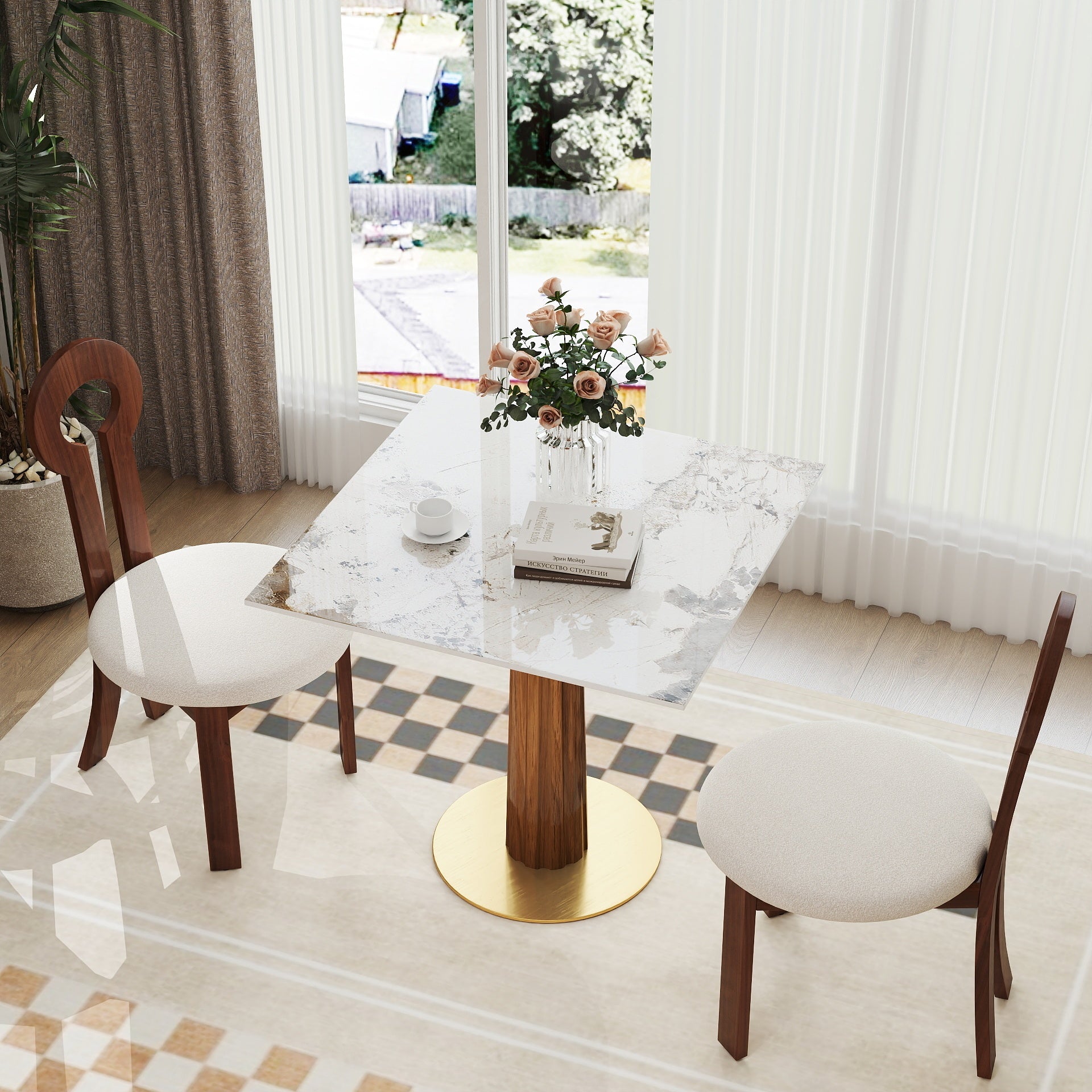 Modern Square Dining Table, 33.5' Sintered Stone Table with Wooden Leg & Gold Base, 2 - Person Kitchen Table for Small Space, 150lbs Weight Capacity(Only the Negotiation Table)