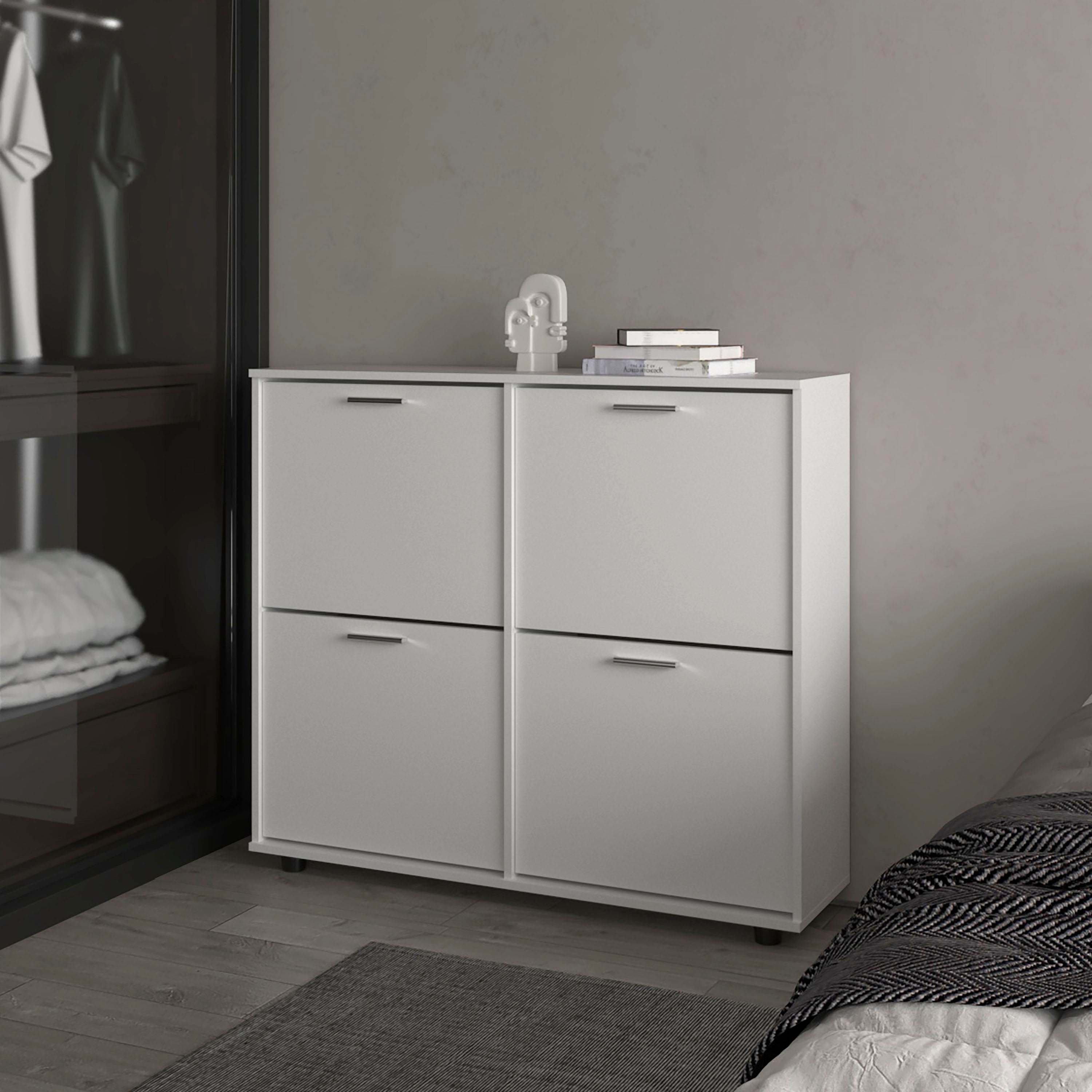 White Tilt-Out Shoe Storage Cabinet with Multiple Compartments and Modern Desig