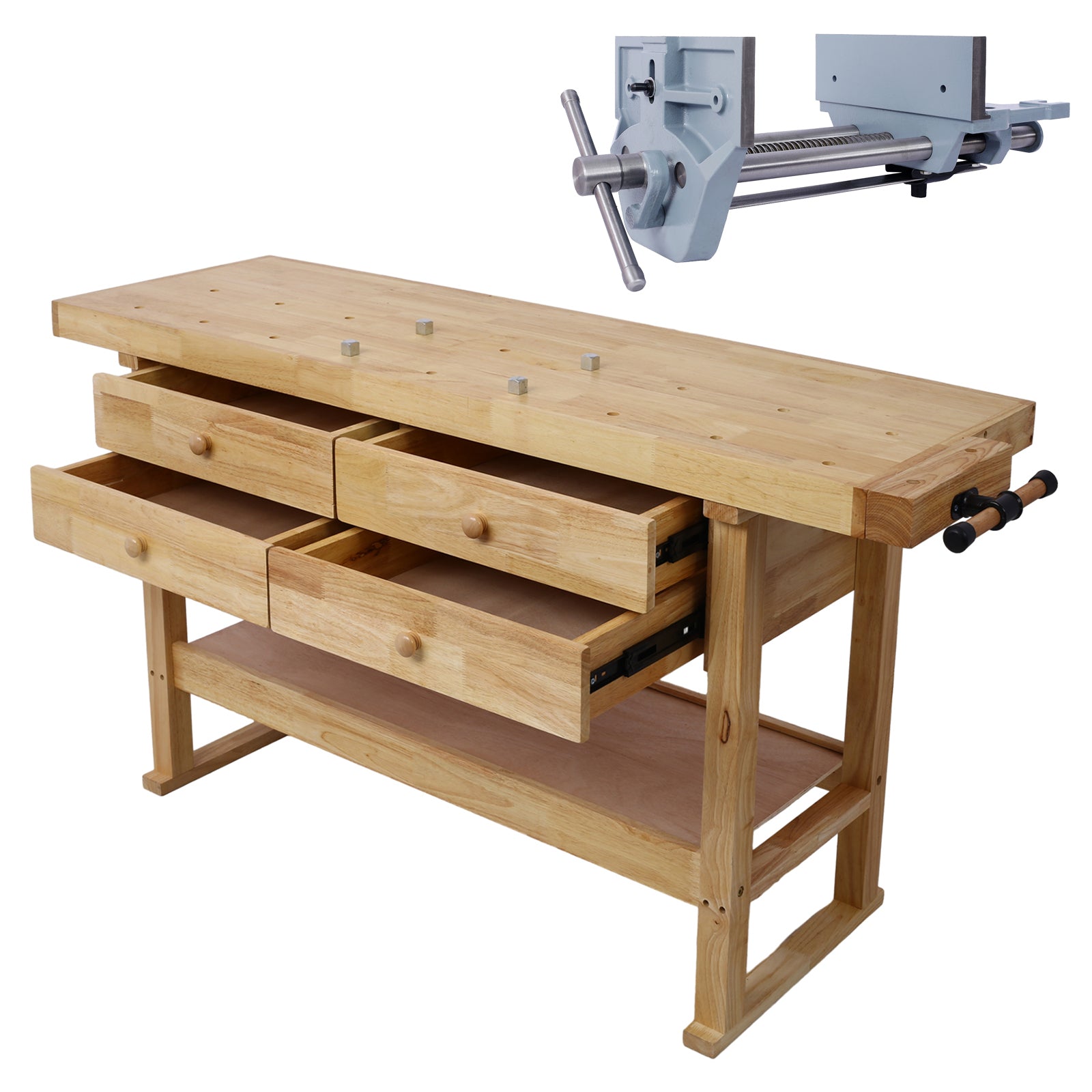 60in Workbench with 4 Drawers Wooden Workbench for Garage Workshop and Home, with Rapid Action Woodworking Vise 9 Inch Jaw Width Made with Heavy-Duty Cast Iron ,GRAY