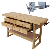 60in Workbench with 4 Drawers Wooden Workbench for Garage Workshop and Home, with Rapid Action Woodworking Vise 9 Inch Jaw Width Made with Heavy-Duty Cast Iron ,GRAY