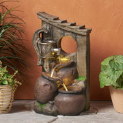 23.25' High ADRIAN 3 TIER FOUNTAIN Outdoor Weather Resistant Floor Fountain with Light, Brown + Gray