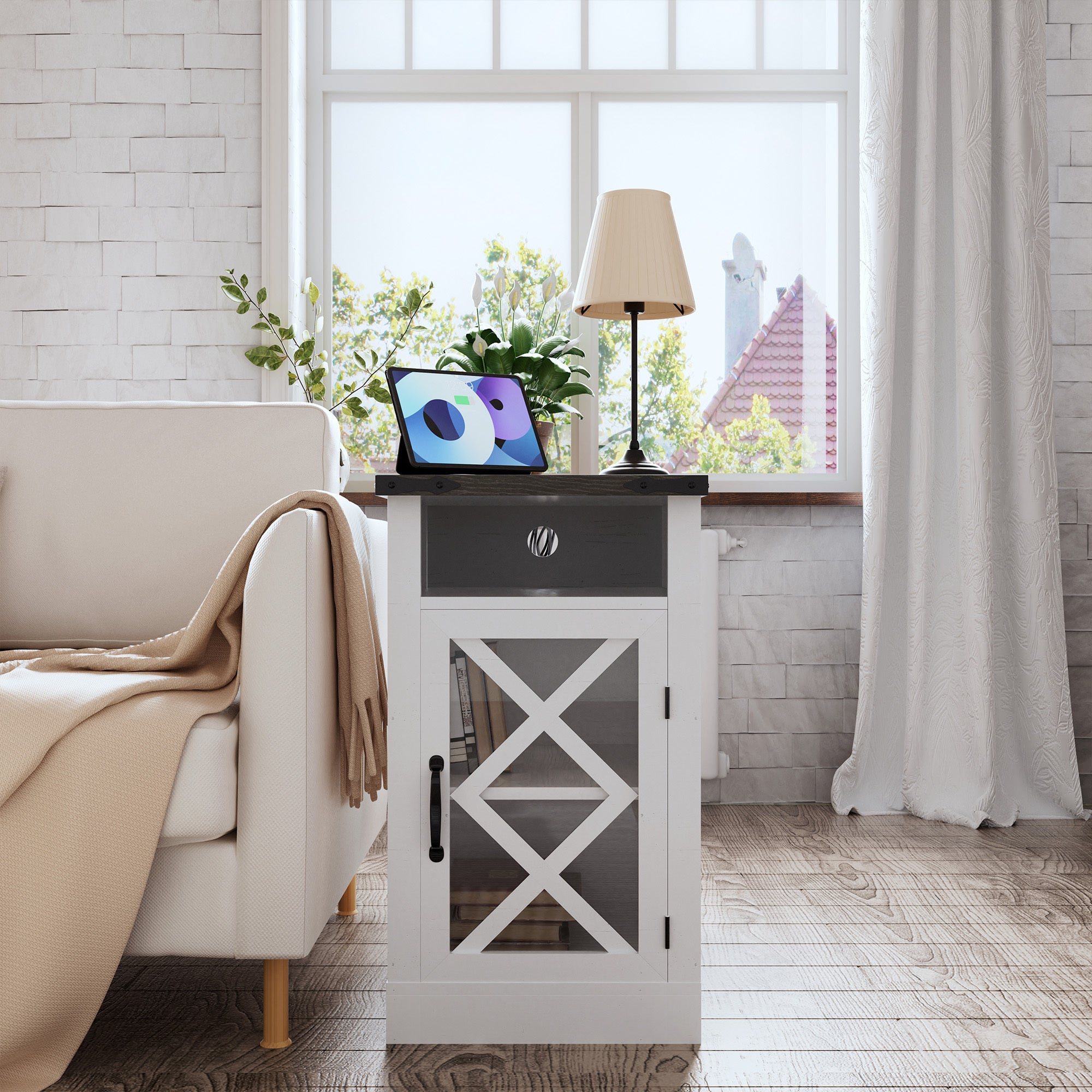 Farmhouse End Table with Charging Station, 15.4'' Rustic Nightstand with Barn Door & Adjustable Shelf, Wooden Sofa Side Table with 3-Tier Storage for Living Room, Bedroom, White