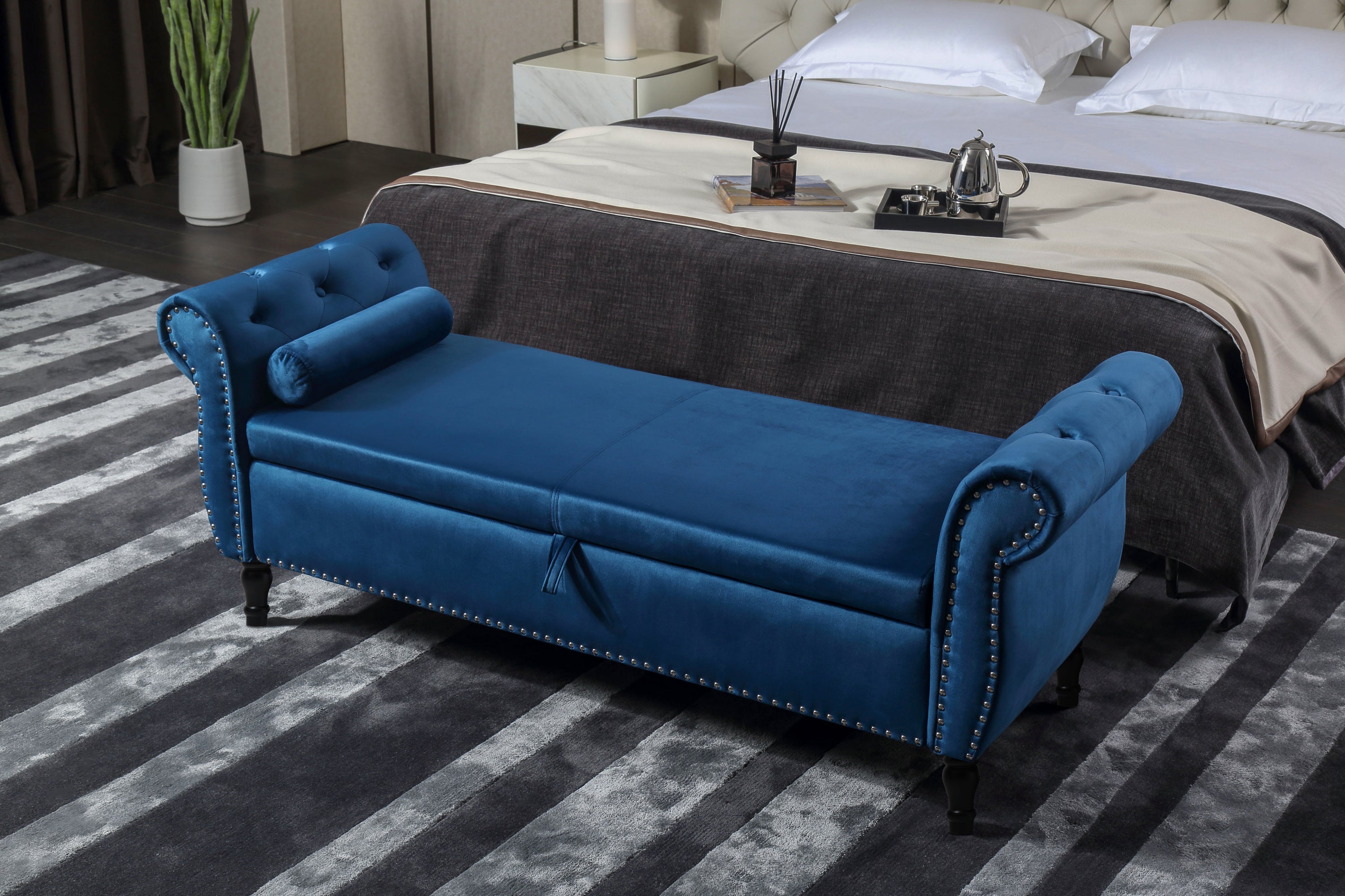 Aijia 63' Velvet Multifunctional Storage Bench Rectangular Sofa Stool Buttons Tufted Nailhead Trimmed Ottoman Solid Wood Legs with 1 Pillow,Blue