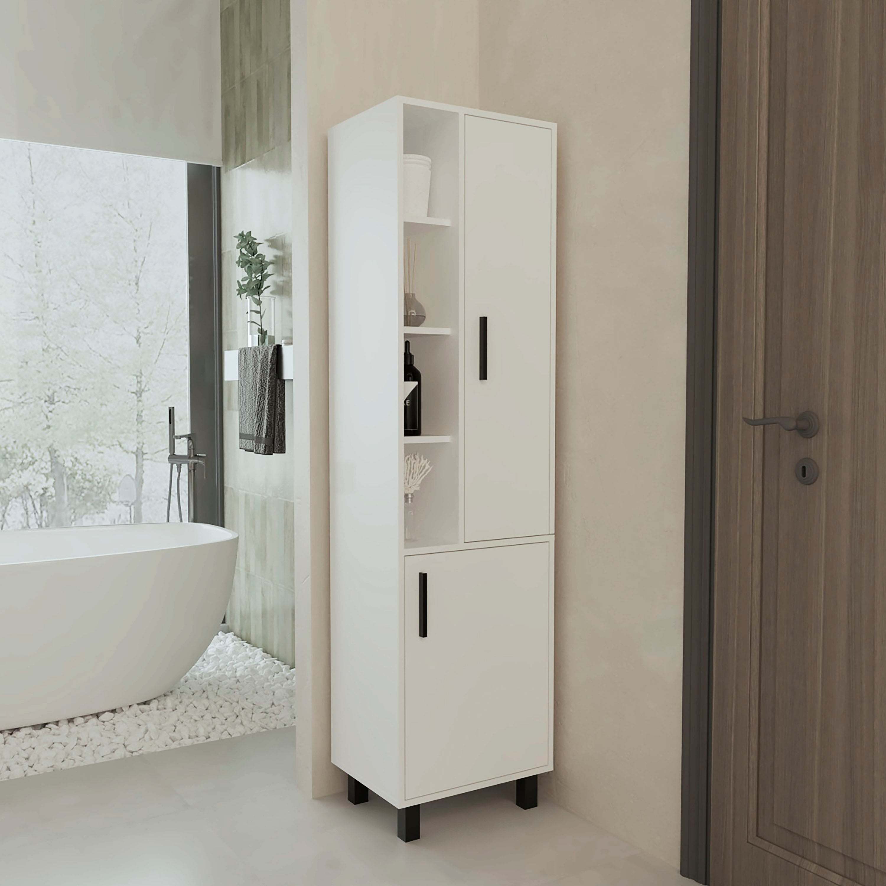 White Linen Cabinet with Open Storage and 2 Doors