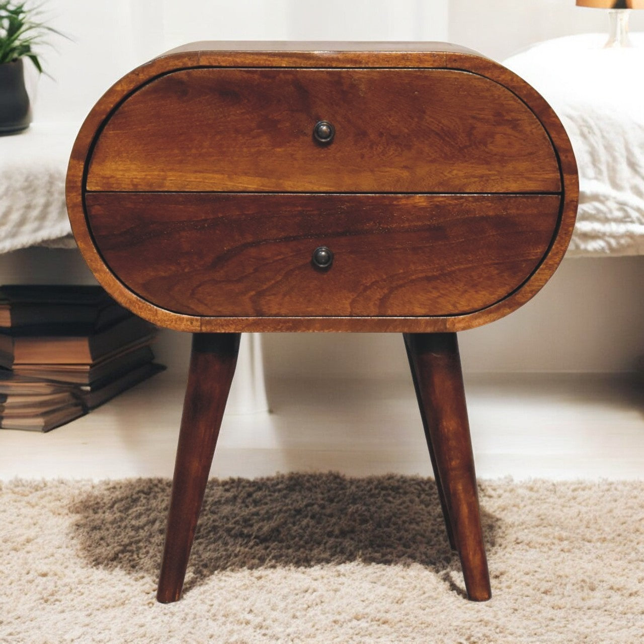 Solid Wood Large Chestnut Circular Bedside, 2-Drawers, Nordic Legs, Dark Brown