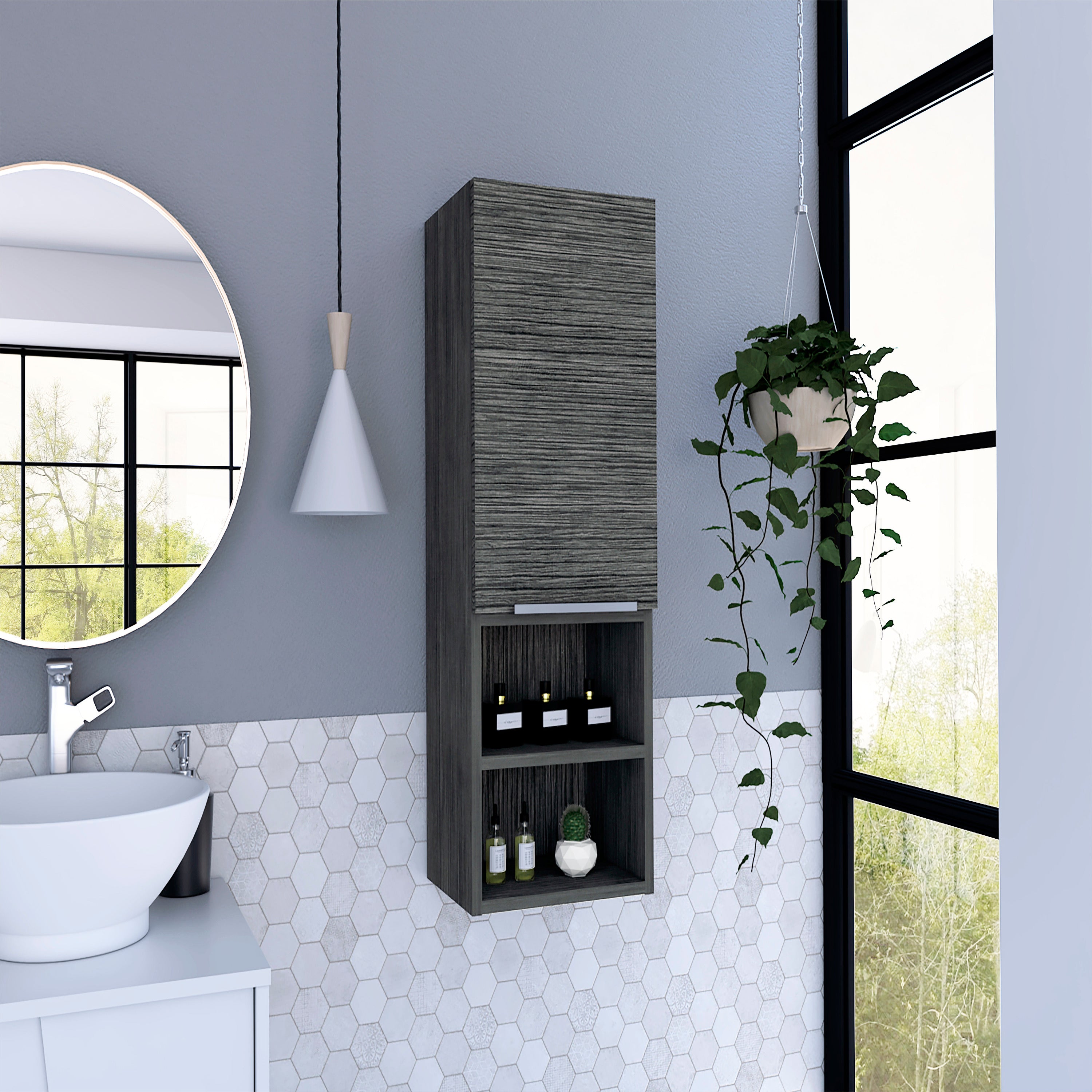 Medicine Single Door Cabinet  32' H, Two External Shelves, Two Interior Shelves, Smokey Oak