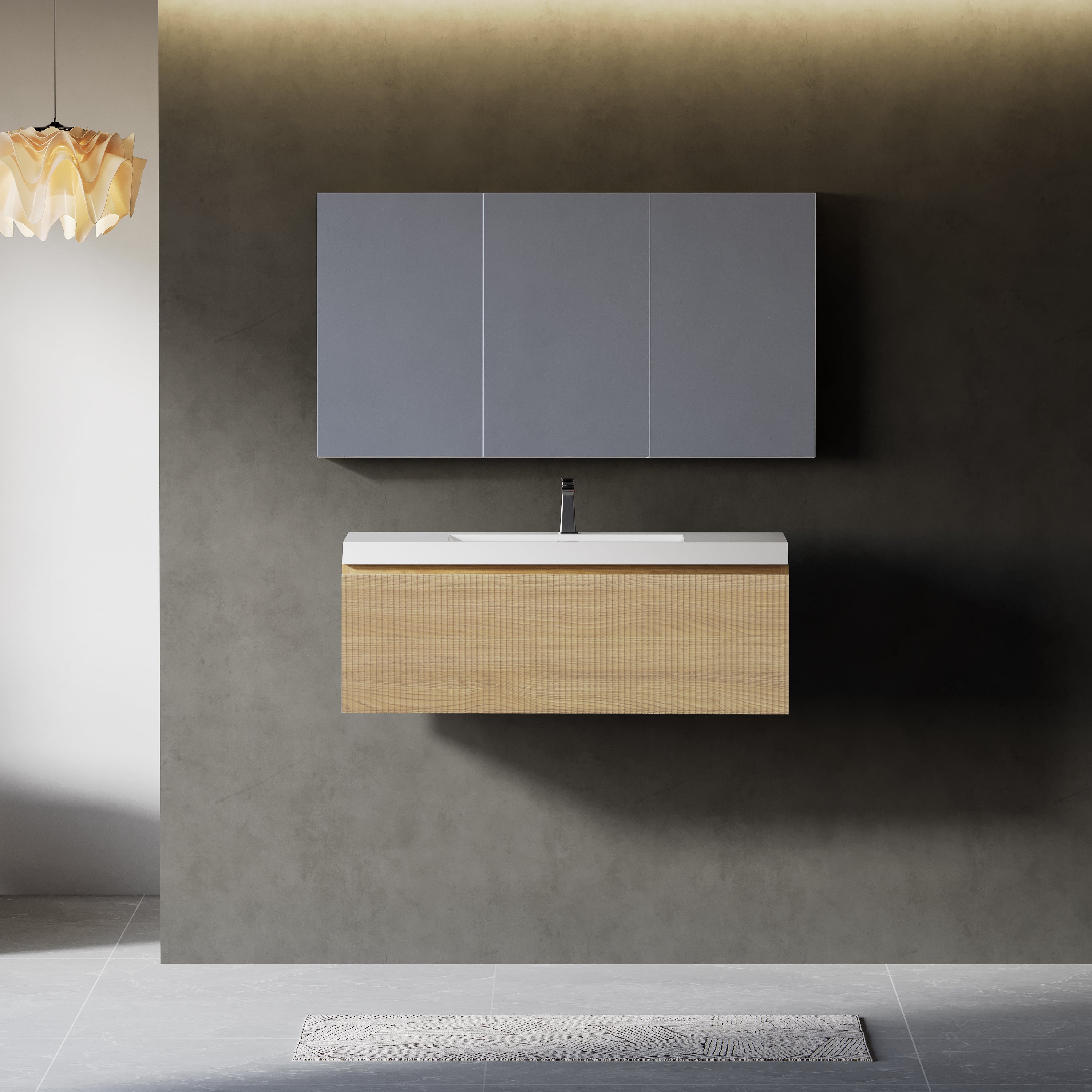 36'' Floating Bathroom Vanity with Sink Combo, Modern Wall-Mounted Striped Bathroom Storage Cabinet with Soft-Close Drawer and Glossy White Solid Surface Basin, Natural Oak 24V16-36NOW