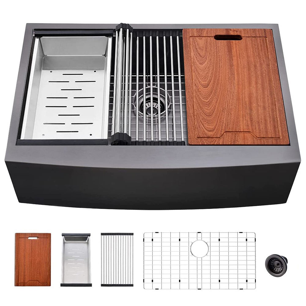 33' L X 22' W Farmhouse Kitchen Sink Matte Black Stainless Steel 33 in.Single Bowl Farmhouse Apron Workstation Kitchen Sink with Accessory Kit