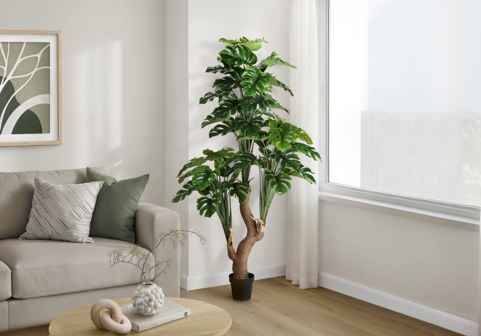 Artificial Plant, 83' Tall, Monstera Tree, Potted, Real Touch, Green Leaves, Black Pot