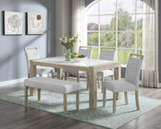 6pc Dining Set Contemporary Style White Genuine Marble Stone Rectangular Table Full Back Upholstered Chairs Bench Beige Gray Dining Room Wooden Furniture