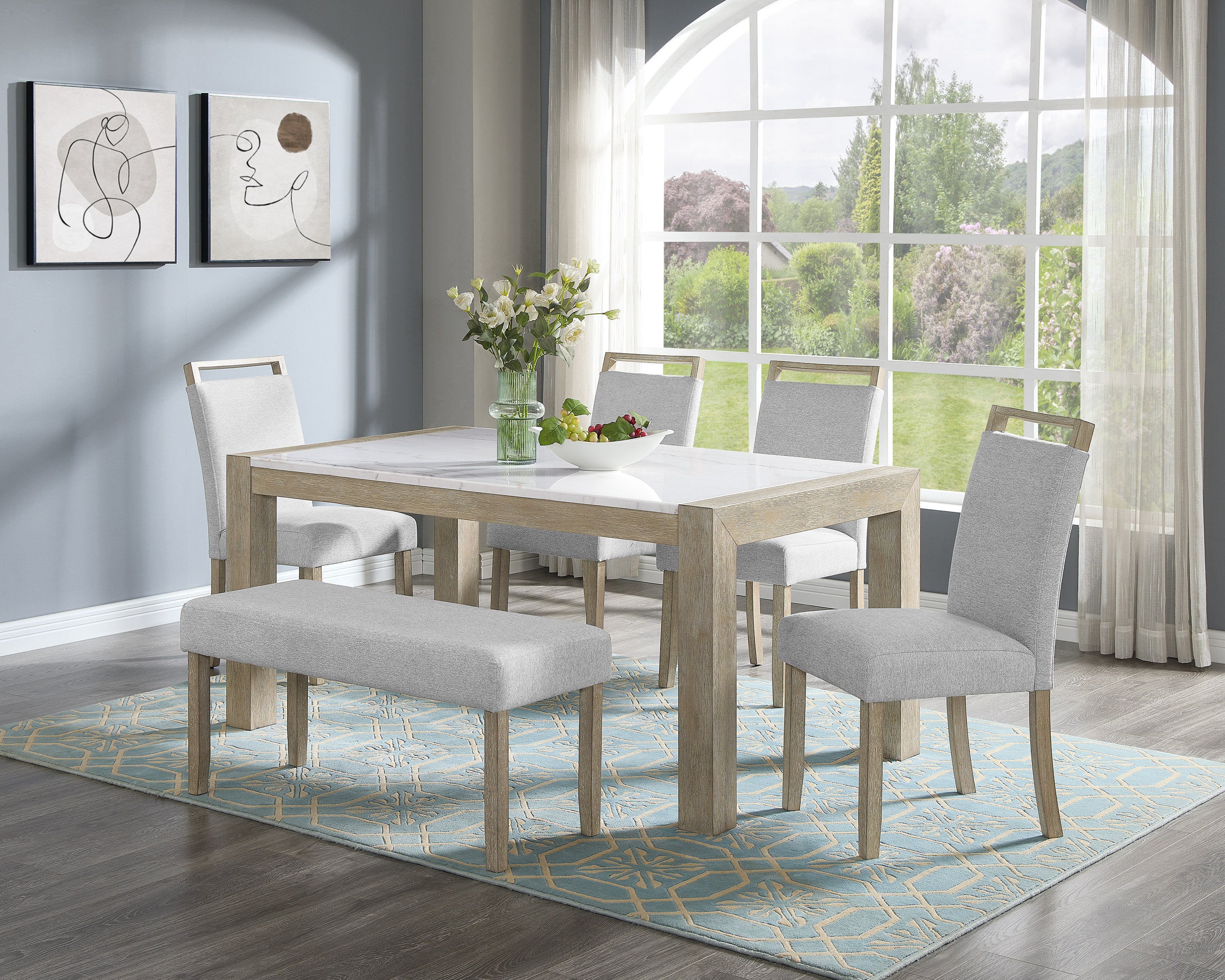 6pc Dining Set Contemporary Style White Genuine Marble Stone Rectangular Table Full Back Upholstered Chairs Bench Beige Gray Dining Room Wooden Furniture