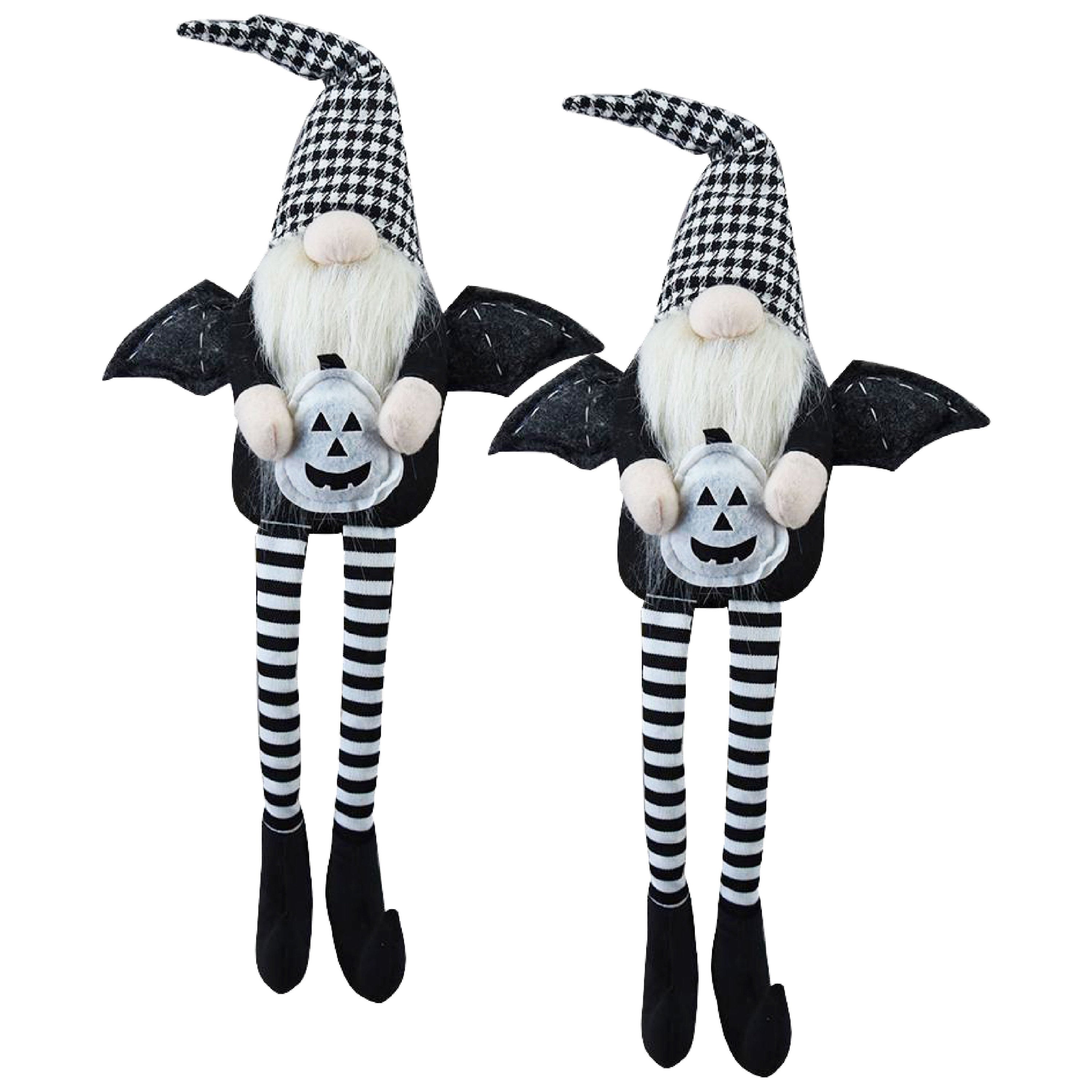 Set of 2, 4.3x3.5x23.5' Fabric Sitting Black Gnome With Wings & Black-White Plaid Hat, for Halloween Decor