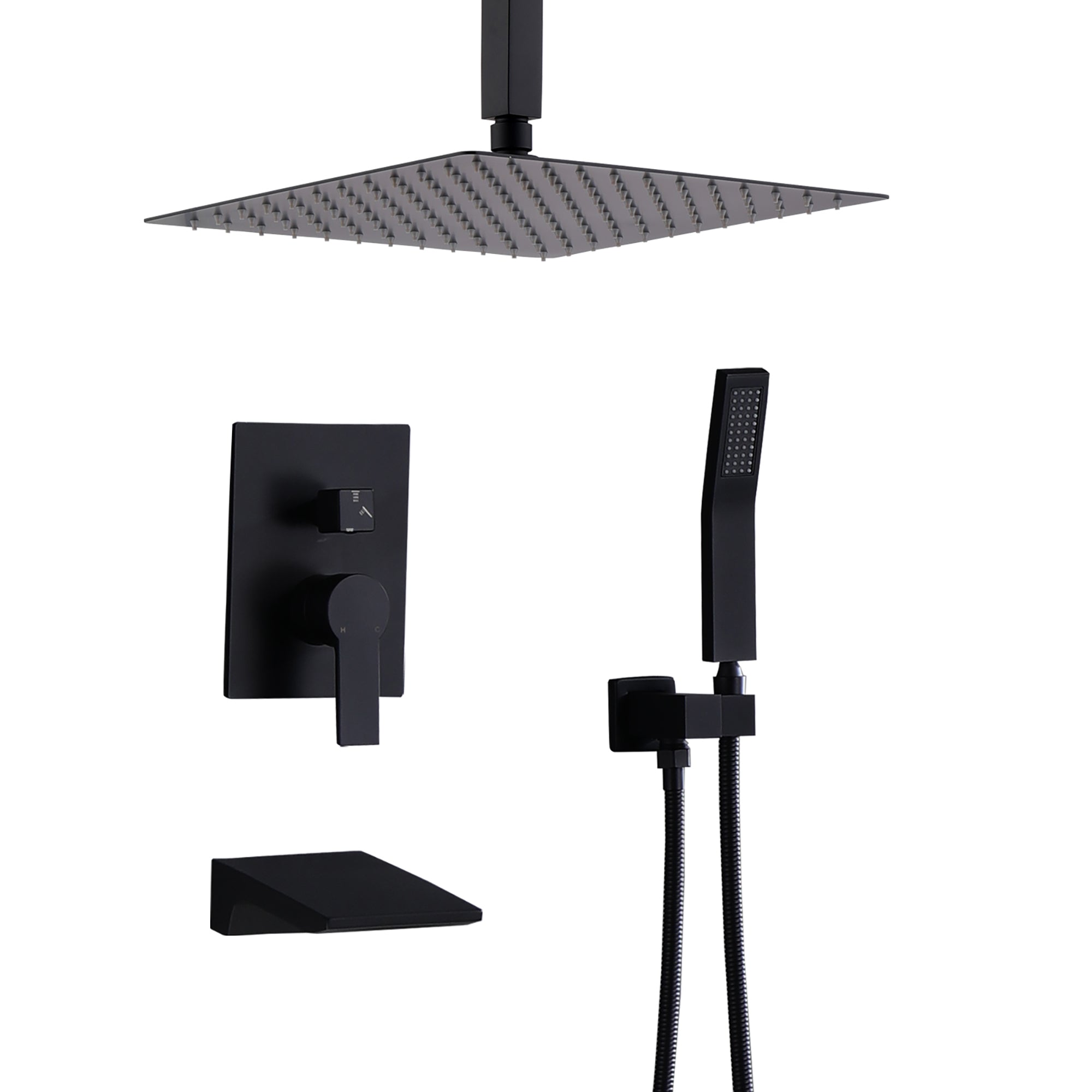 Contemporary Matte Black Shower System with 12-Inch Rainfall Head and Handheld Spray, Wall Mounted