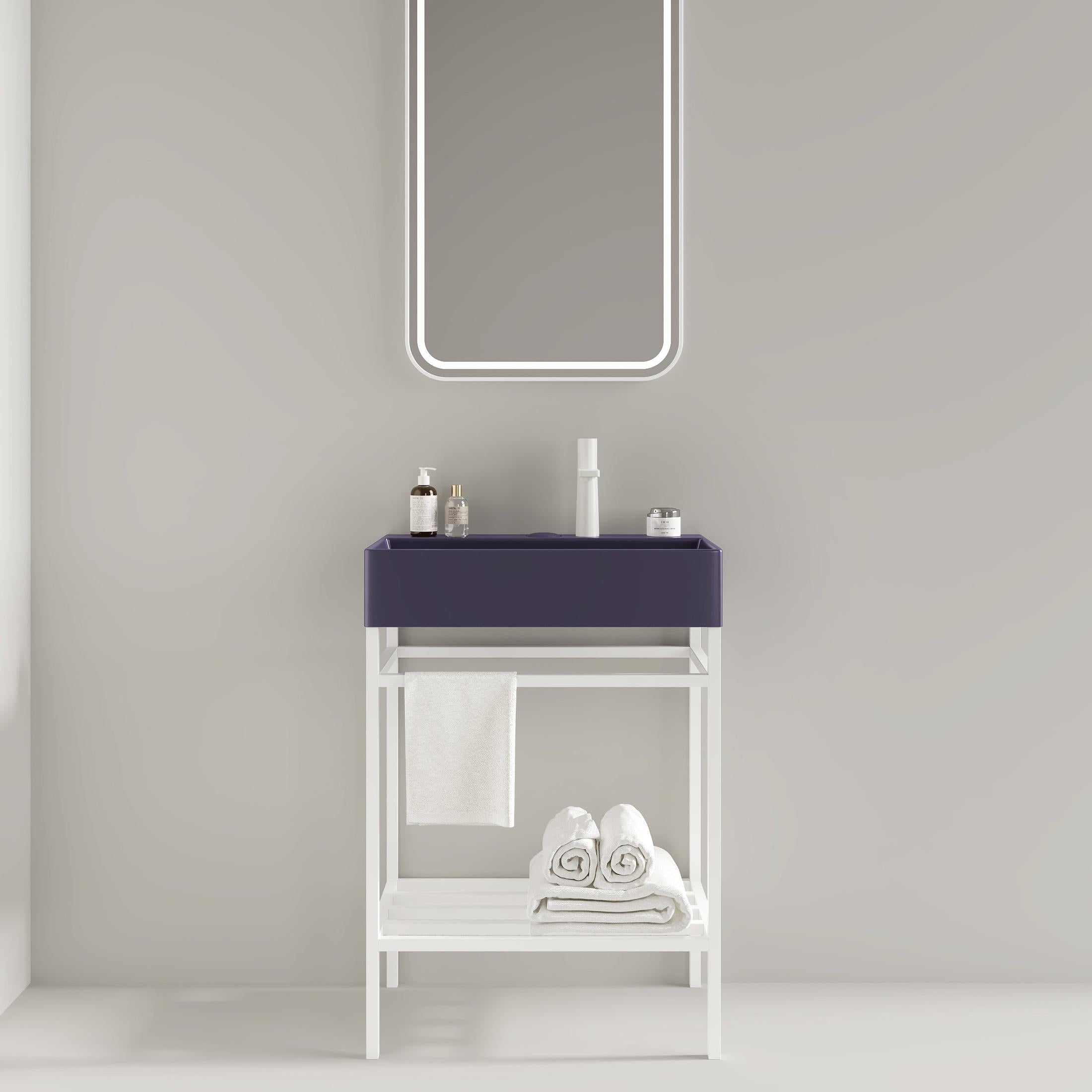LOFI 24' Bathroom Vanity with Ceramic Basin, Freestanding Bathroom Console Sink Set, Glossy Purple Rectangular Ceramic Basin without Faucet, Open Metal Leg, Storage Shelves, White Color