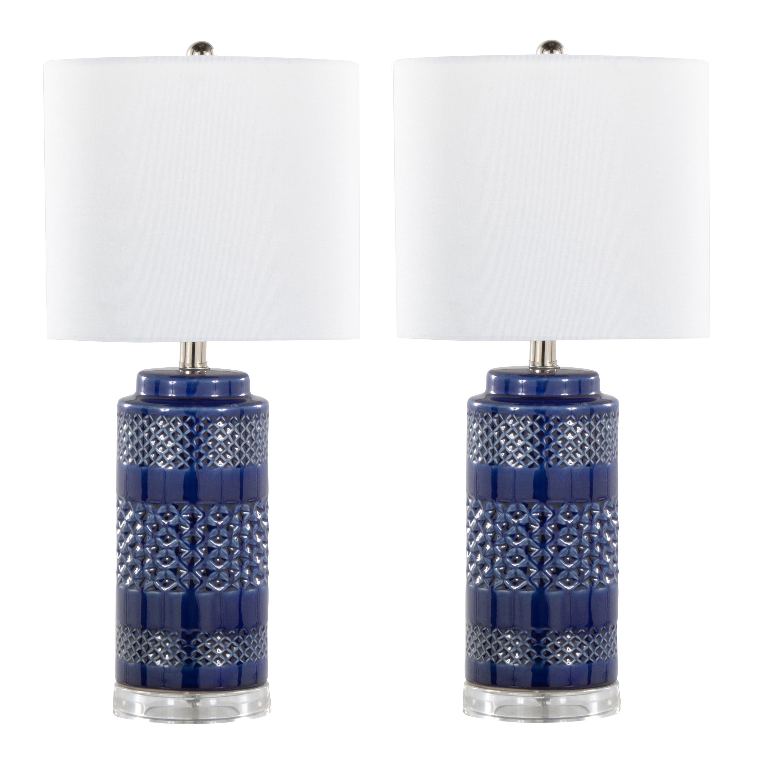 Casa 21' Contemporary Ceramic Table Lamp in Glossy Navy Crackle Ceramic, Polished Nickel, Clear Acrylic Accents and White Linen Shade from Grandview Gallery by LumiSource - Set of 2