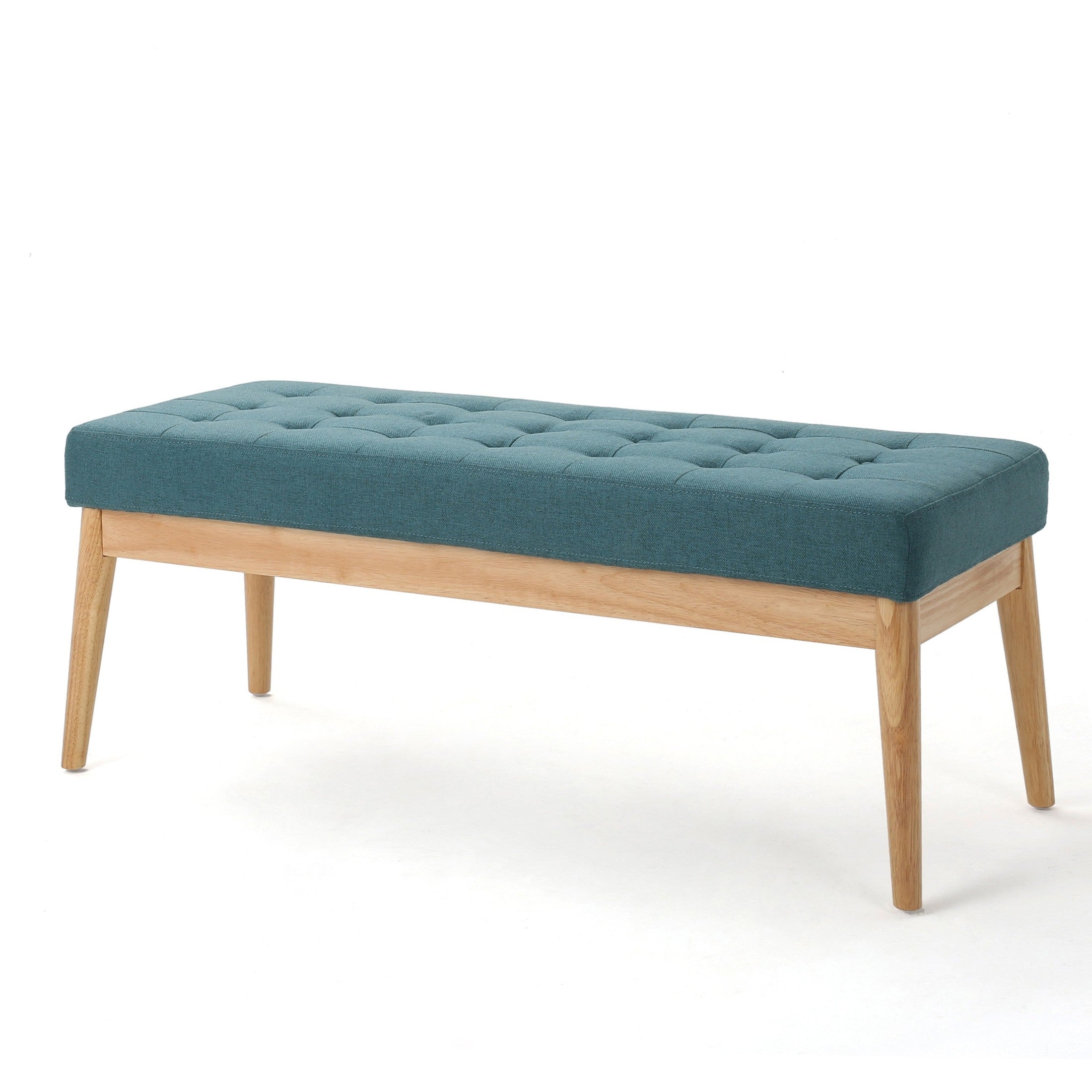 Vibratory Button Tufted Upholstered Ottoman with Splayed Wooden Legs, Teal and Natural