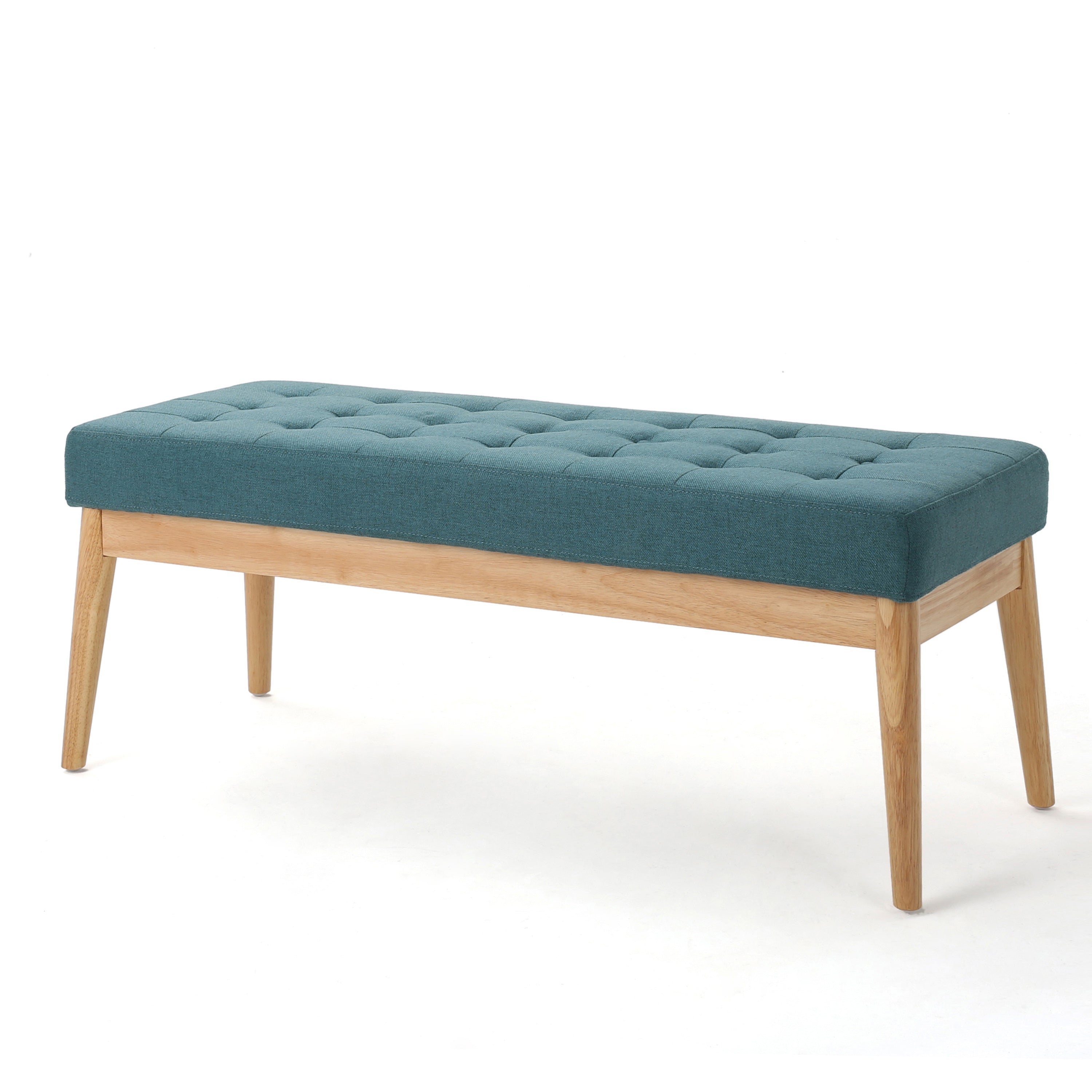 Vibratory Button Tufted Upholstered Ottoman with Splayed Wooden Legs, Teal and Natural