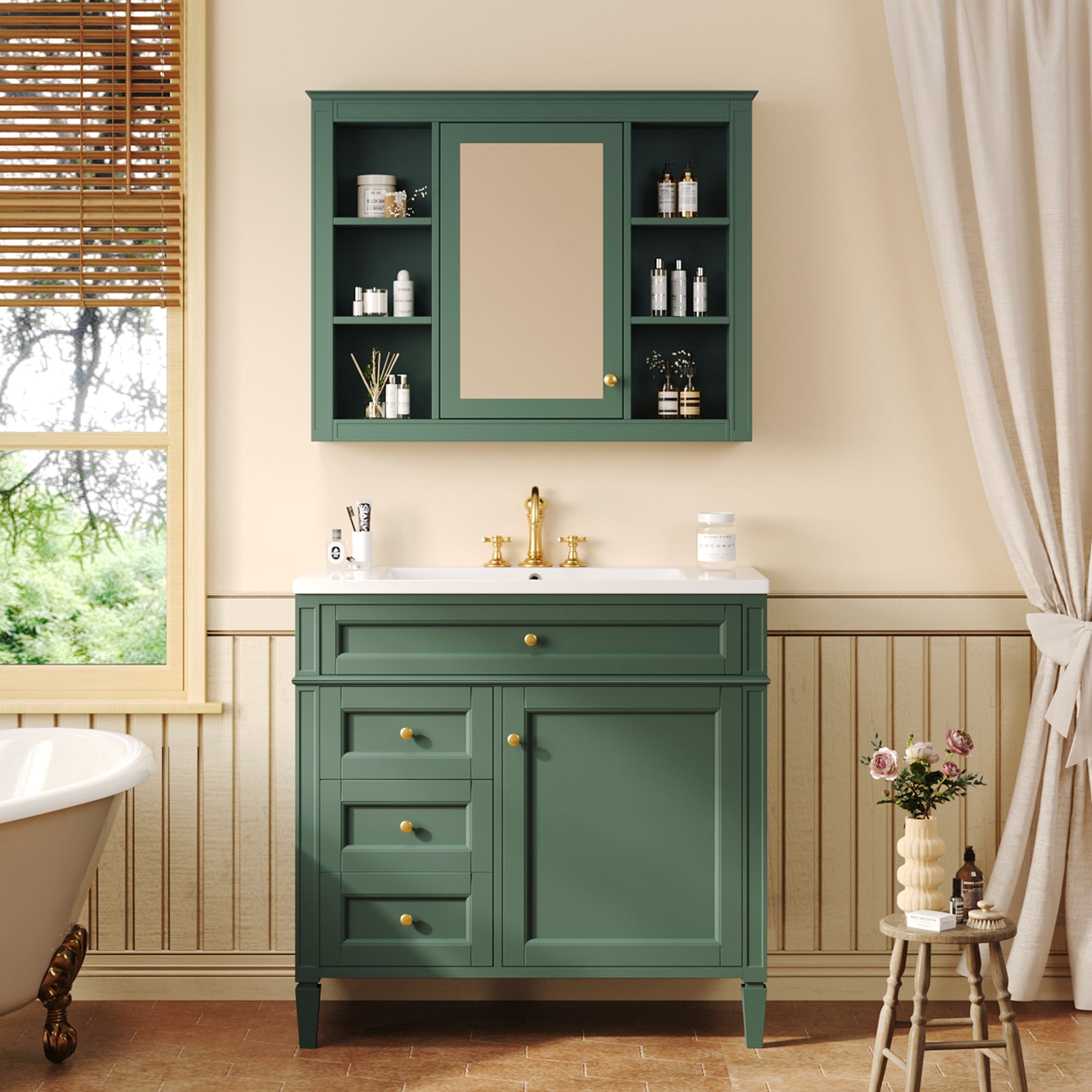 36'' Bathroom Vanity with  Medicine Cabinet, Modern Bathroom Storage Cabinet with 2 Soft Closing Doors and 4 Drawers, Single Sink Bathroom Vanity