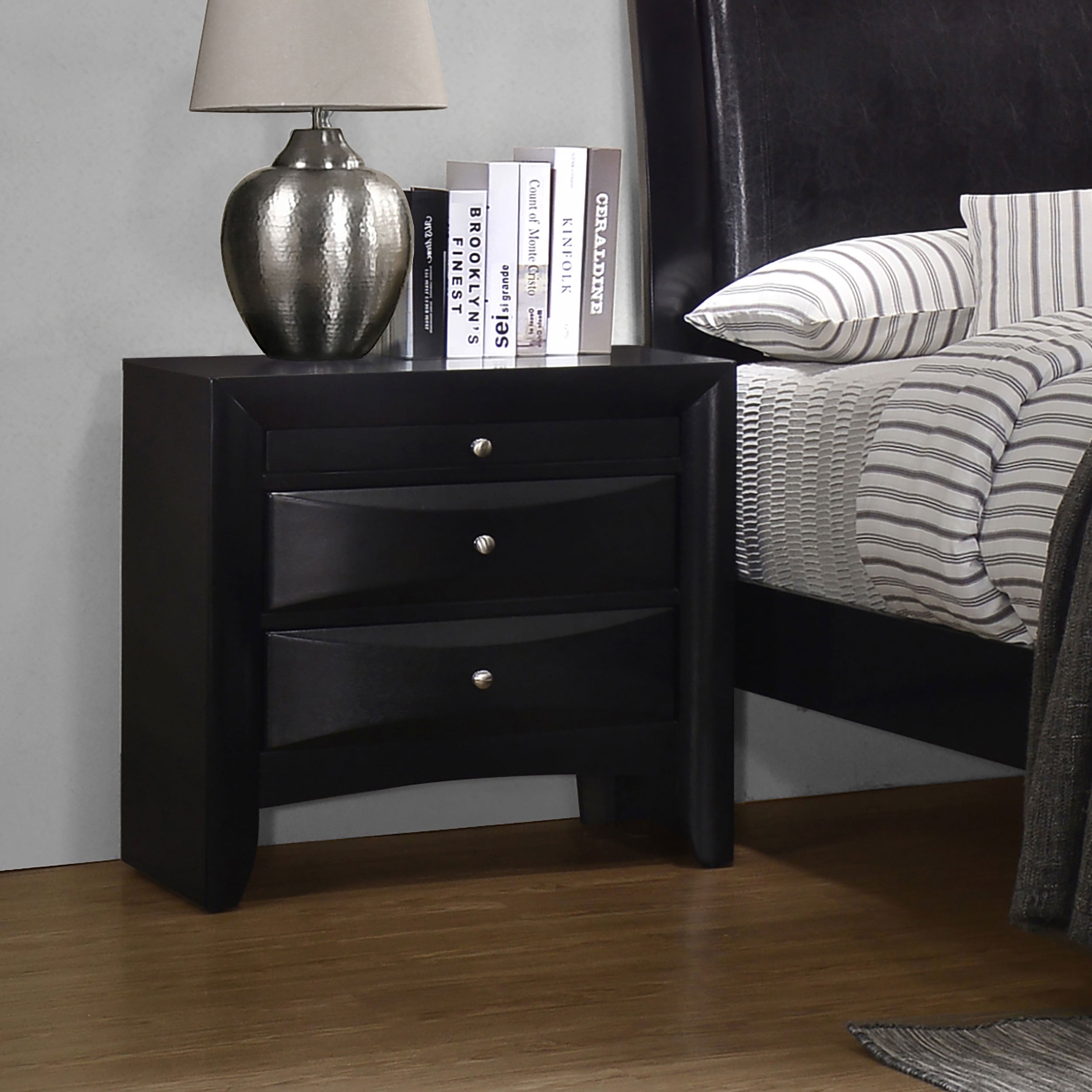 Vollenhove Black 2-Drawer Nightstand with Pull-out Tray