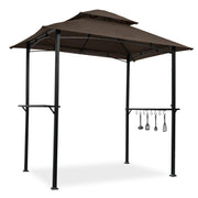Outdoor Grill Gazebo 8 x 5 ft with Double-Tier Canopy, Steel Frame, Bar Counters & Hook - Brown Metal