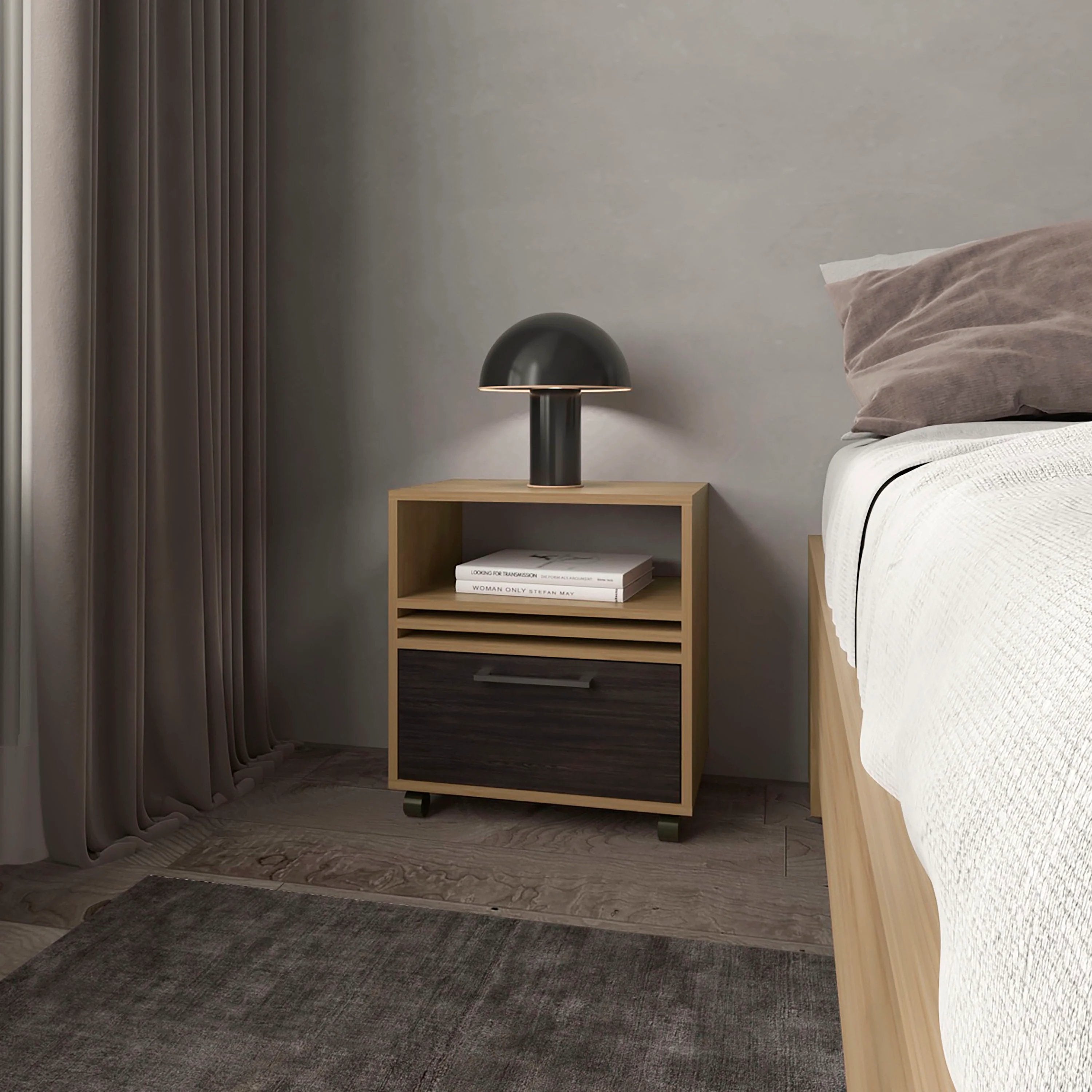 Natural Oak Nightstand with a Drawer and Open Storage