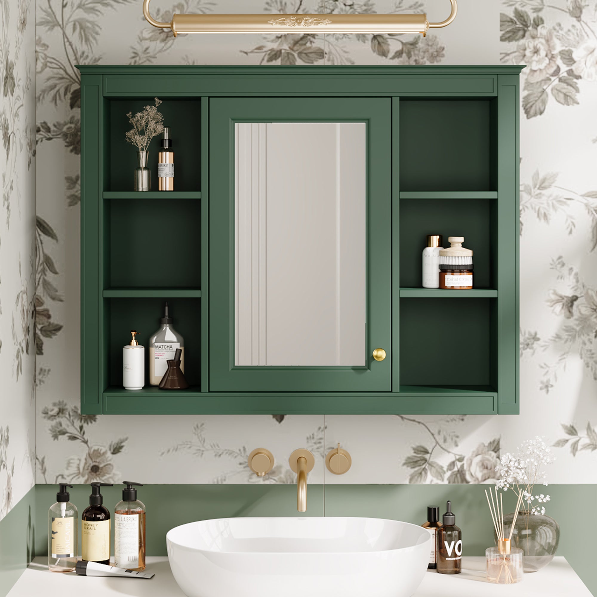 35'' x 27.5'' Medicine Cabinet, Wall Mounted Bathroom Storage Cabinet, Modern Bathroom Wall Cabinet with Mirror, Mirror Cabinet with 6 Open Shelves (Not Include Bathroom Vanity )