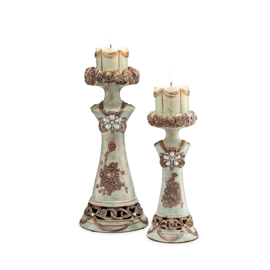 11.75' and 15.5' Polyresin Candleholder, Vintage Rose Design (Set of 2)