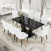 Black Marble Pattern Tempered Glass Dining Set - 71'x35.4' with 8 White PU Chairs With a Widened Backrest Design.