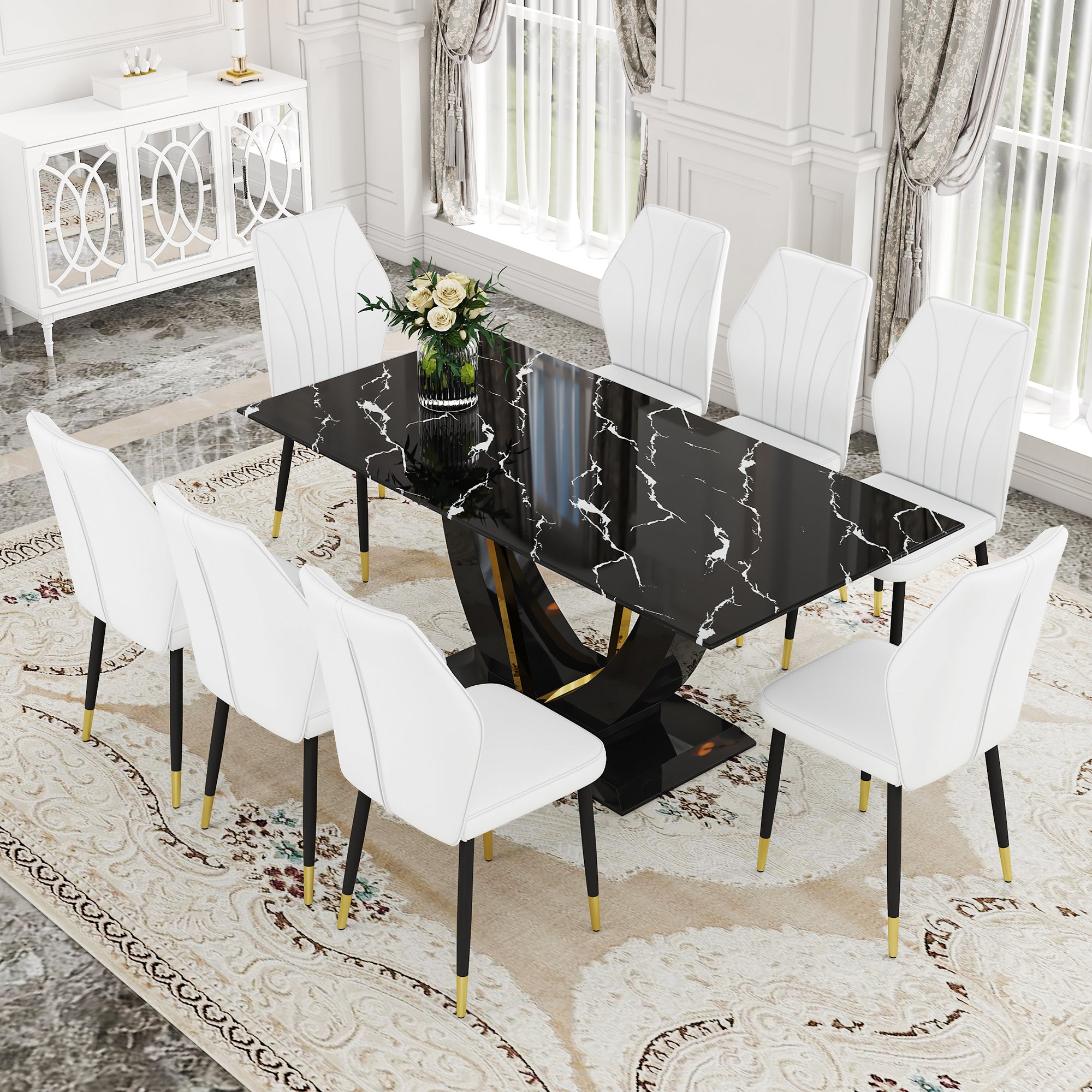 Black Marble Pattern Tempered Glass Dining Set - 71'x35.4' with 8 White PU Chairs With a Widened Backrest Design.