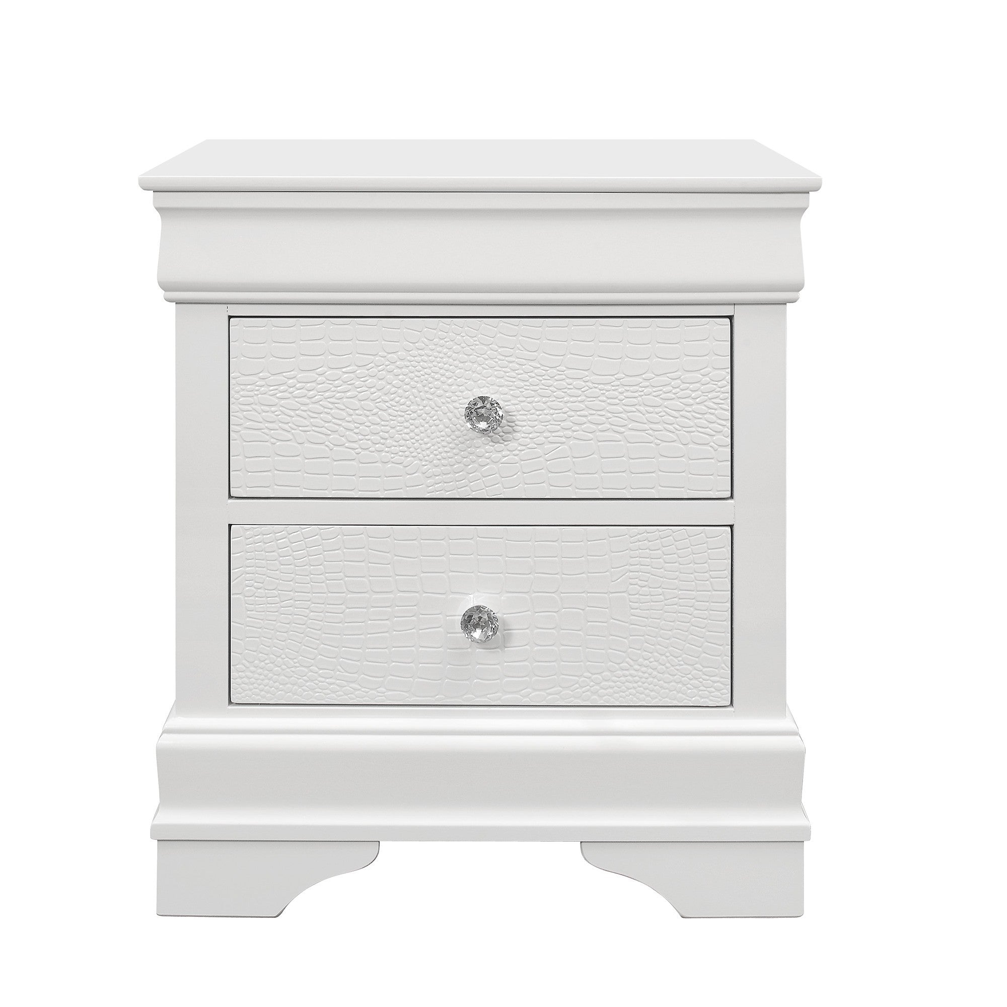 SHAKER Crocodile Metallic White Nightstand with Crystal Embellished Hardware in Solid Wood and MDF