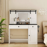 Farmhouse Dressing Table Makeup Table, 43' Wide Dressing Table with Lighted Mirror and Makeup Drawer, Large Modern Dressing Table Set with Hair Dryer Holder for Bedroom, White
