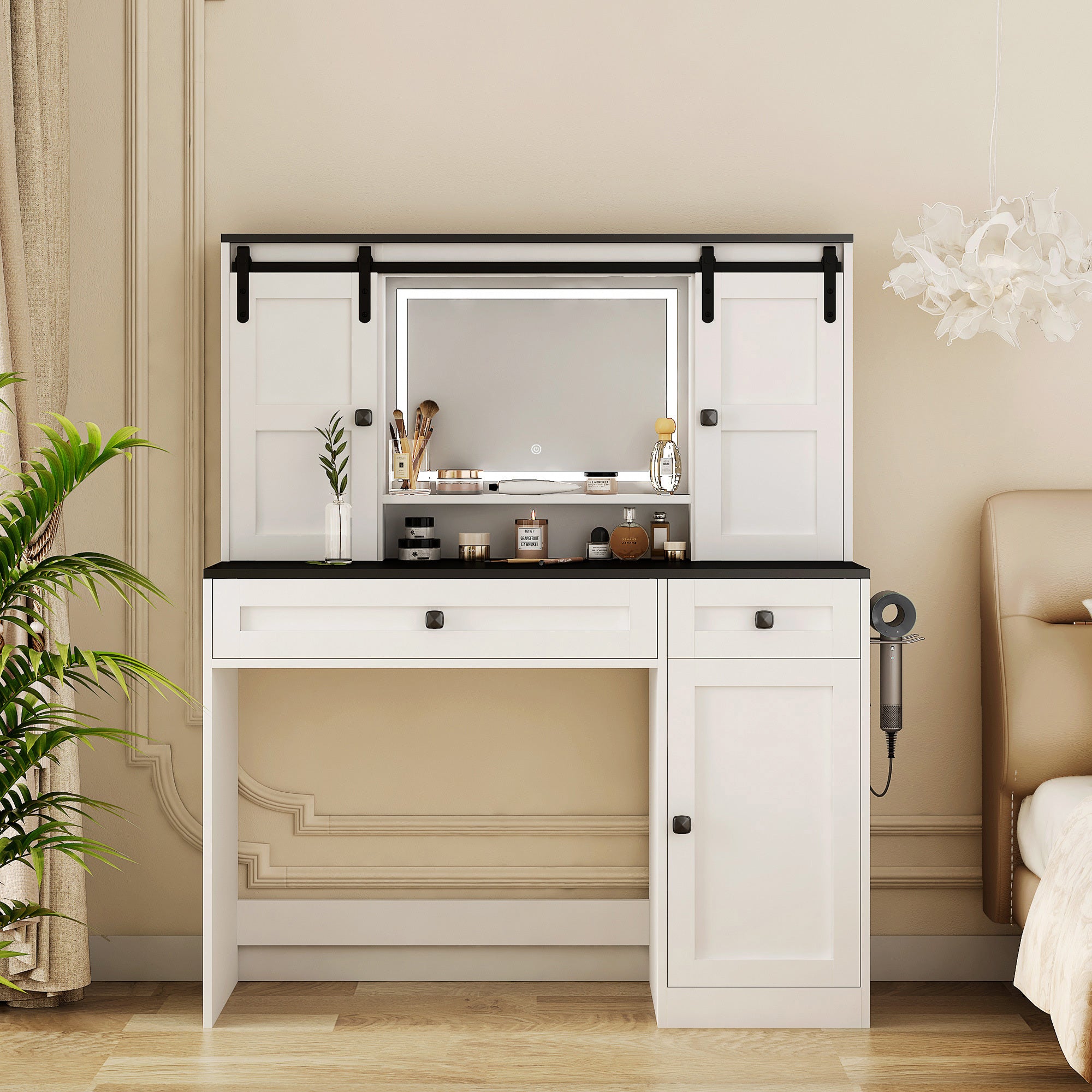 Farmhouse Dressing Table Makeup Table, 43' Wide Dressing Table with Lighted Mirror and Makeup Drawer, Large Modern Dressing Table Set with Hair Dryer Holder for Bedroom, White